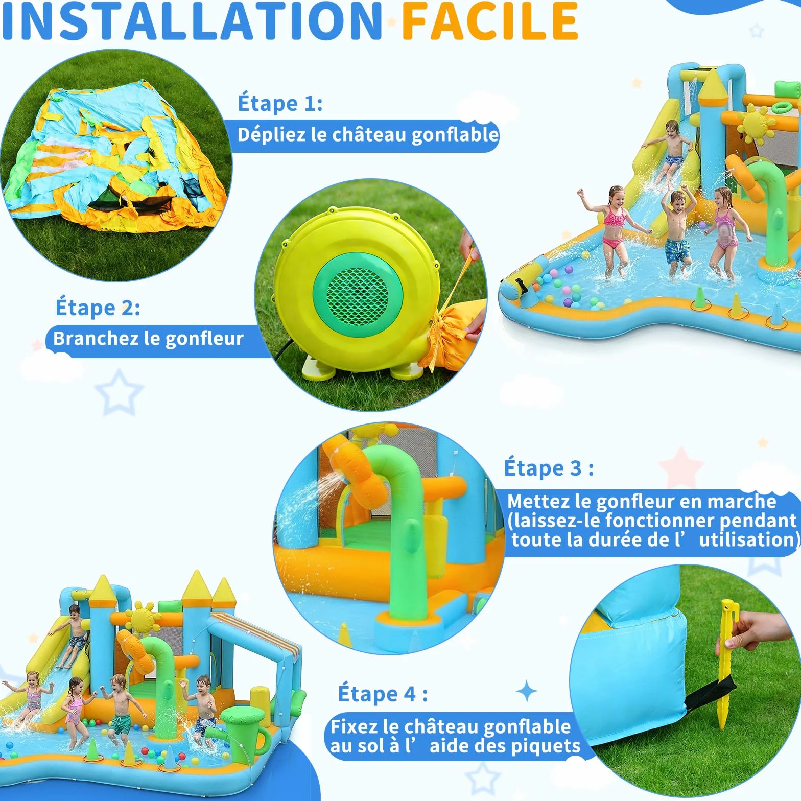 LEADZM Château Gonflable Jardin avec Souffleur, Cabane de Vente, Fleur Gonflable, Pulvérisateur d'eau, Arrosoir, 490 x 385 x 210 cm