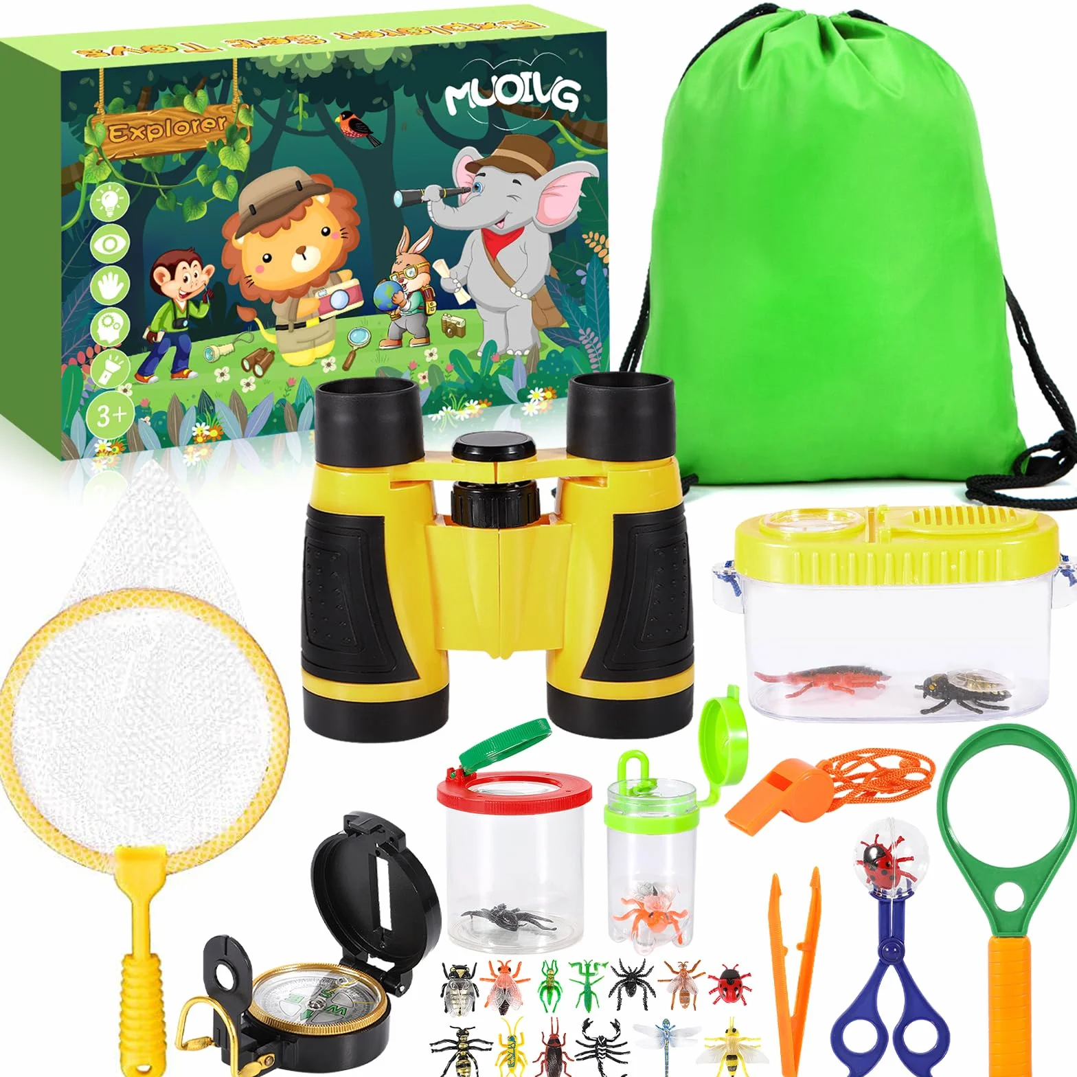Ensemble Explorateur Extérieur 27 Pièces Jouets Kit Exploration Jumelles Aventurier Enfants avec Pince à épiler Attrape-Insectes Boussole Loupe