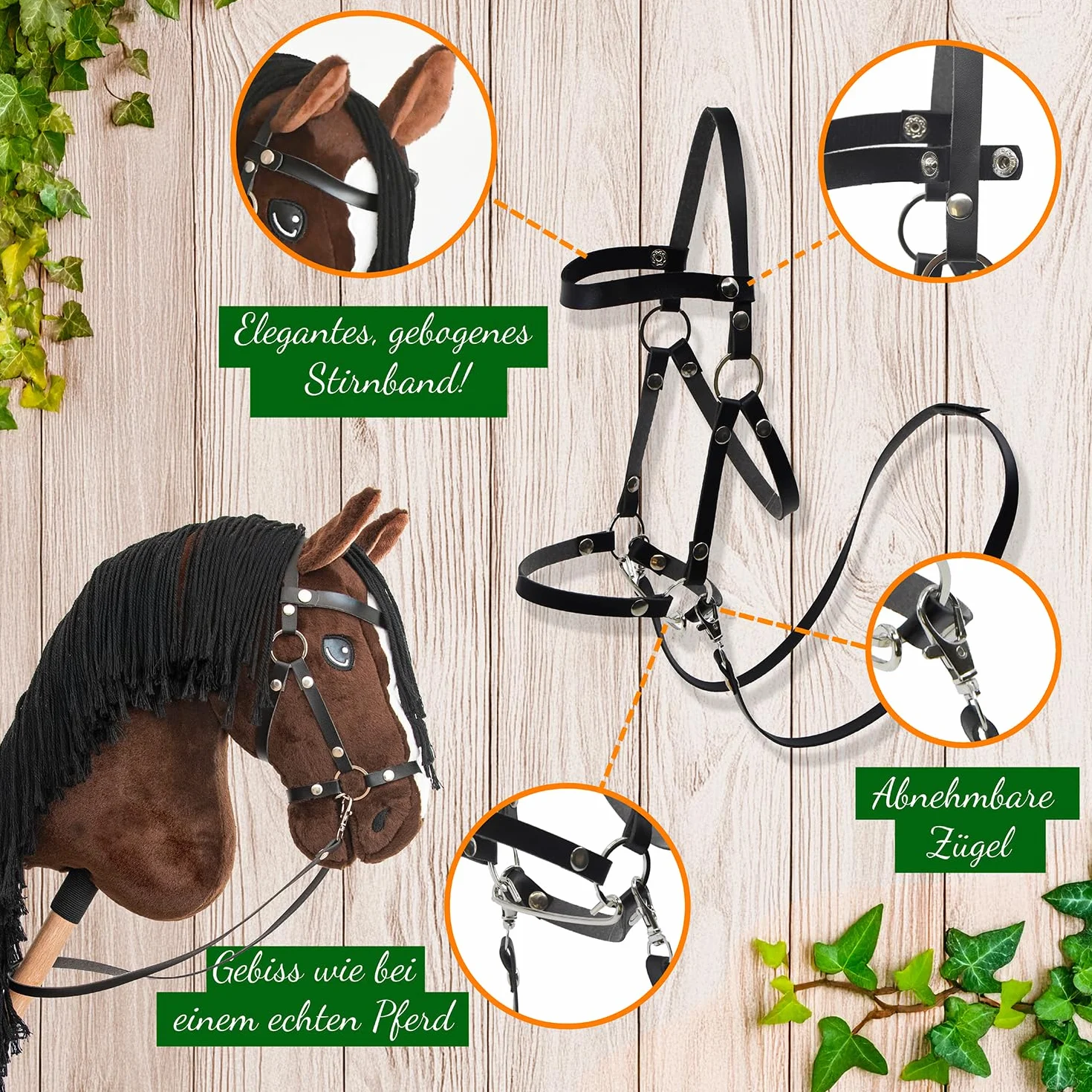 Cheval Bâton Hobby Horse A3 Bai Marron Crins Noirs Ensemble Complet Filet Mors Rênes Licol Longe Bonnet