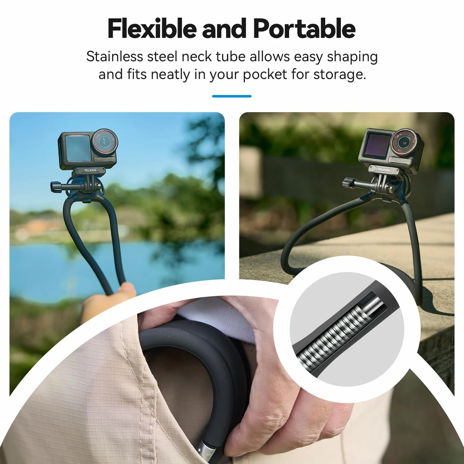 TELESIN SE 2.0 Support de Cou pour GoPro Hero 13 12 11, DJI Osmo Action 6/5/4, Insta360 X5 Ace Pro, avec Rotation et Sangle de Poitrine