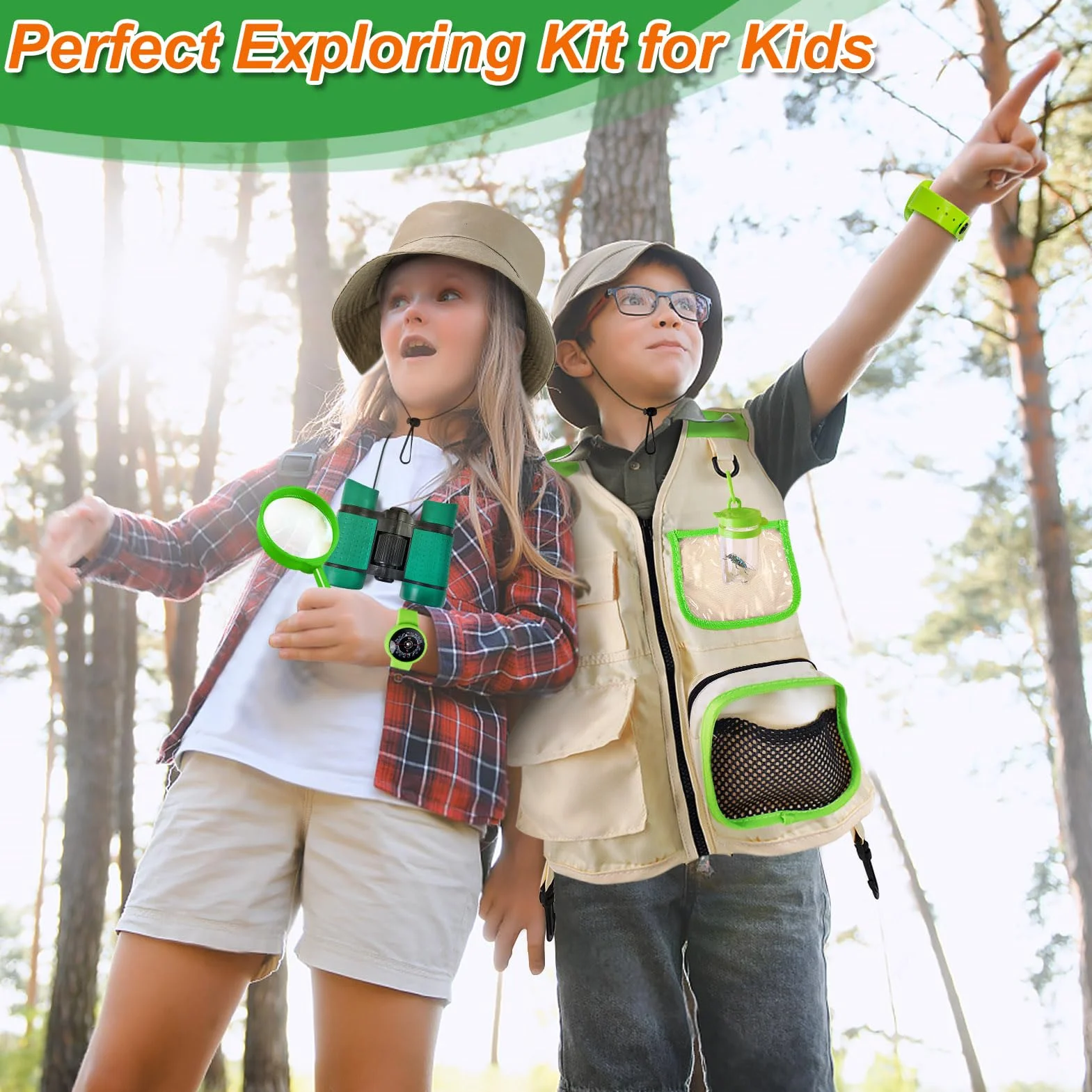 Kit d'exploration pour enfants avec sac à dos, jumelles, gilet et chapeau, jouet de plein air