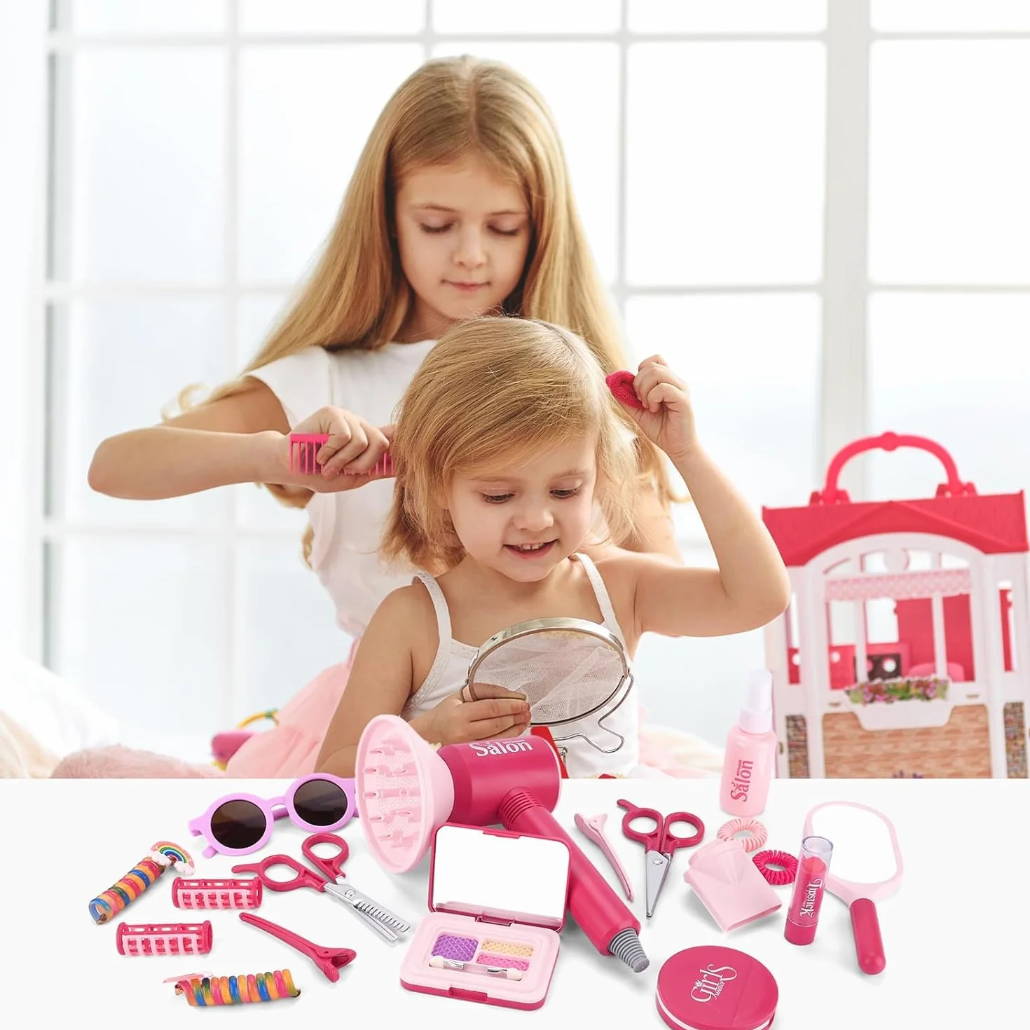 Ensemble de Salon de Beauté 41 Pièces Jouets de Coiffure pour Enfants avec Sèche-Cheveux Ciseaux Accessoires Styliste