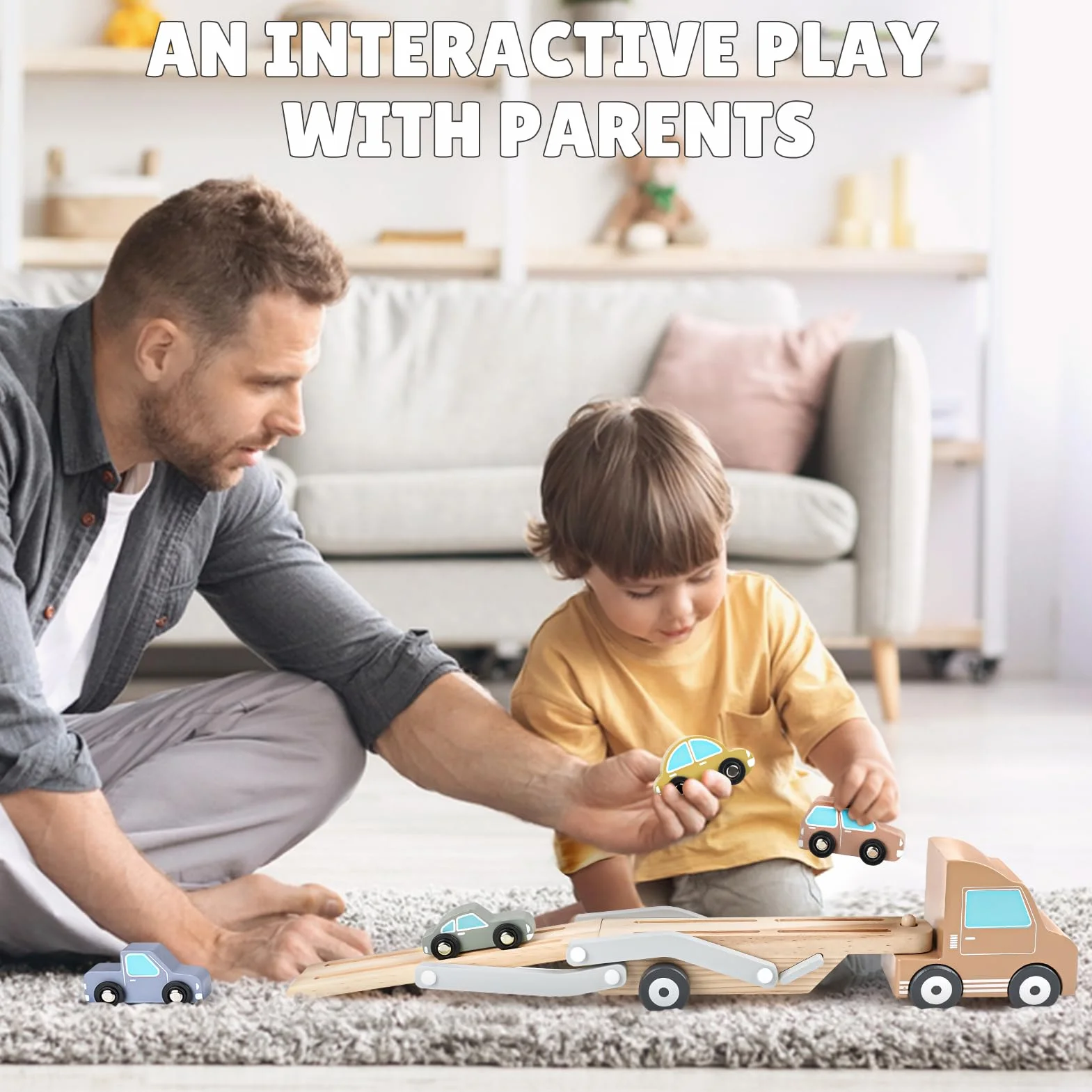 Jouet Bebe 1 an en Bois Voiture Garage Enfant Montessori avec 4 Mini-Voitures