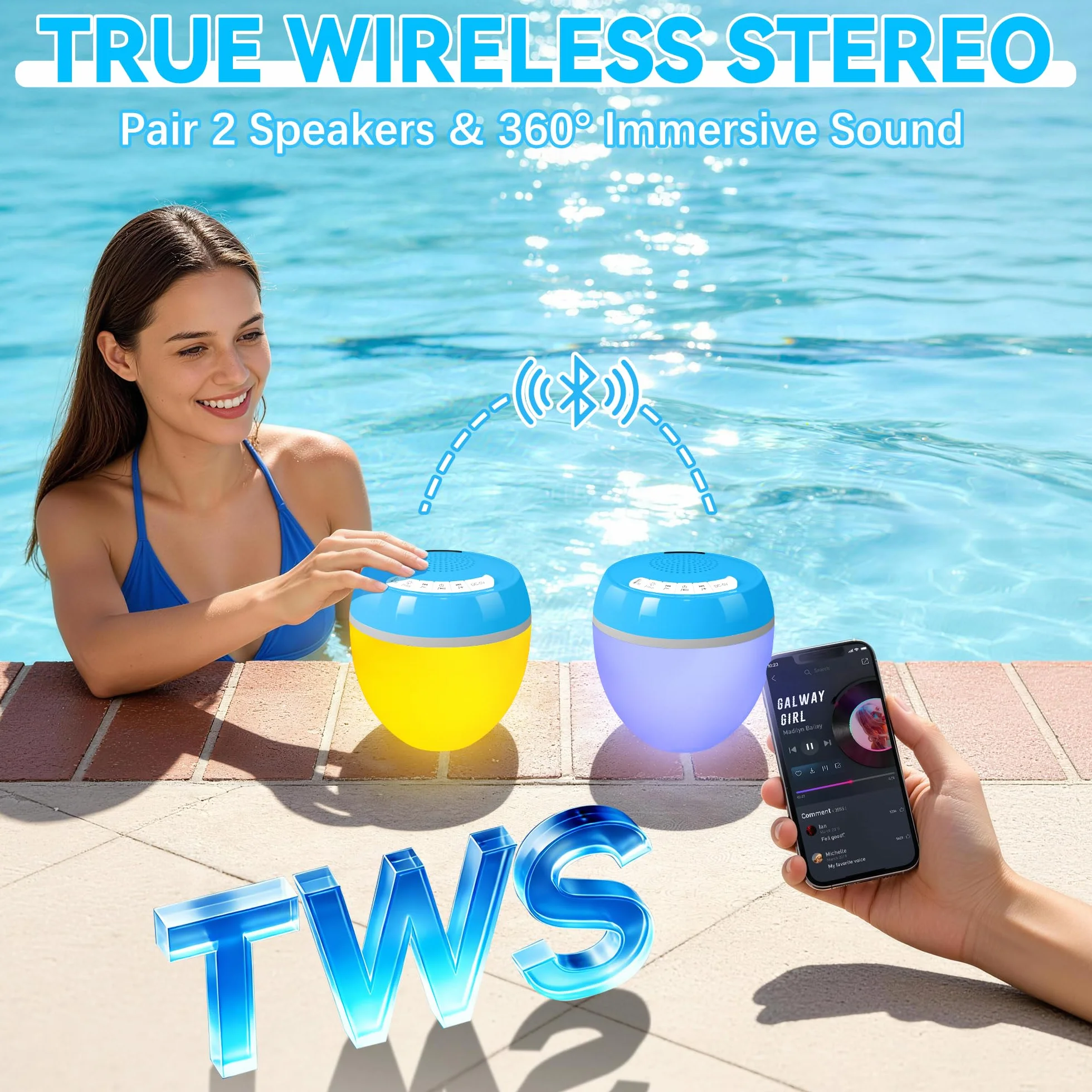 AearKing 3 en 1 Enceinte Bluetooth Piscine Flottante IP68 Étanche avec Thermomètre Numérique et Lumière, TWS Stéréo
