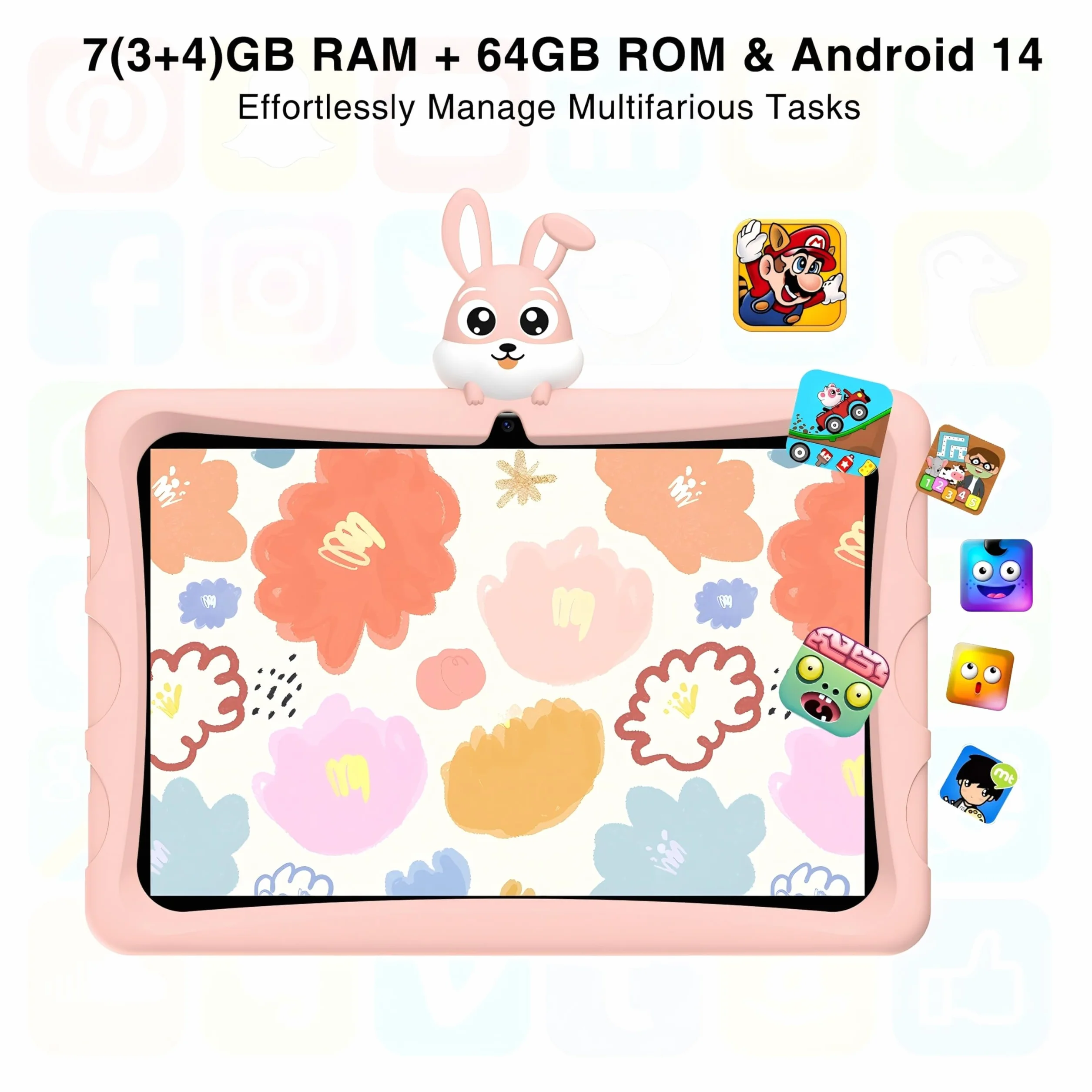 U9 Kid Tablette Enfants 10,1 Pouces Tablette Android 14, 7 Go + 64 Go (TF 1 to), Tablette éducative, Quad Core, 5060 mAh, WiFi 6, BT5.0, Tablette avec étui EVA