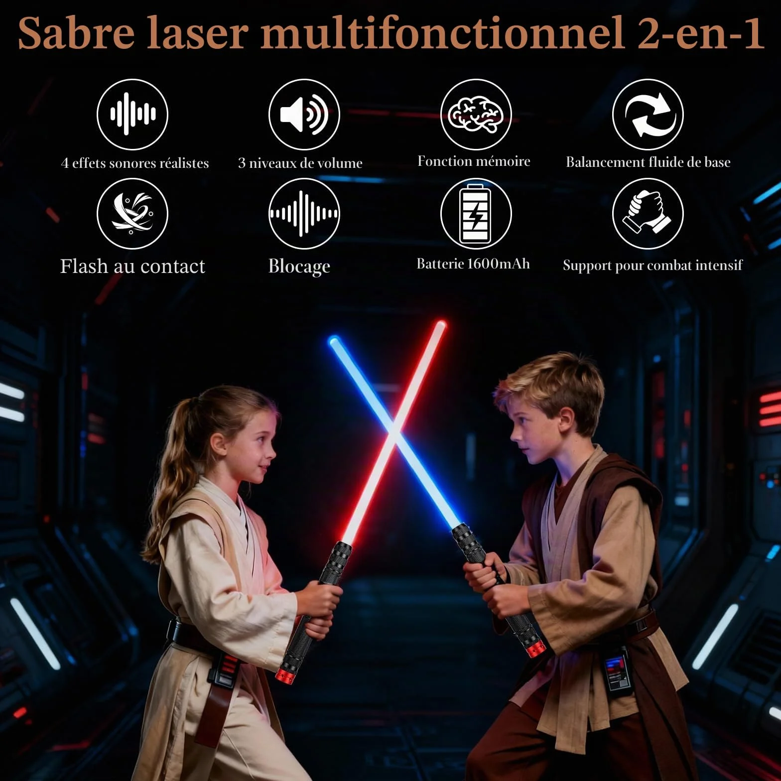 Sabre Laser Enfants RGB 15 Couleurs Rechargeable Effets Sonores FX Poignée Alliage Aluminium 2 Pièces