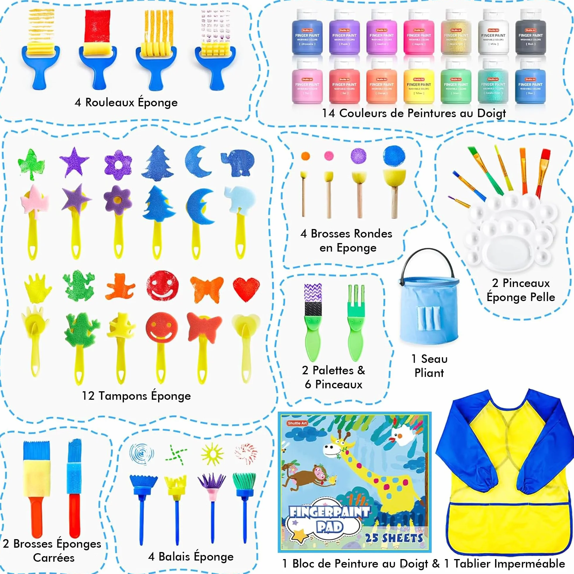 Shuttle Art Peinture au Doigt pour Enfants, 53 Pièces, Lavable, Non Toxique, 14 Couleurs