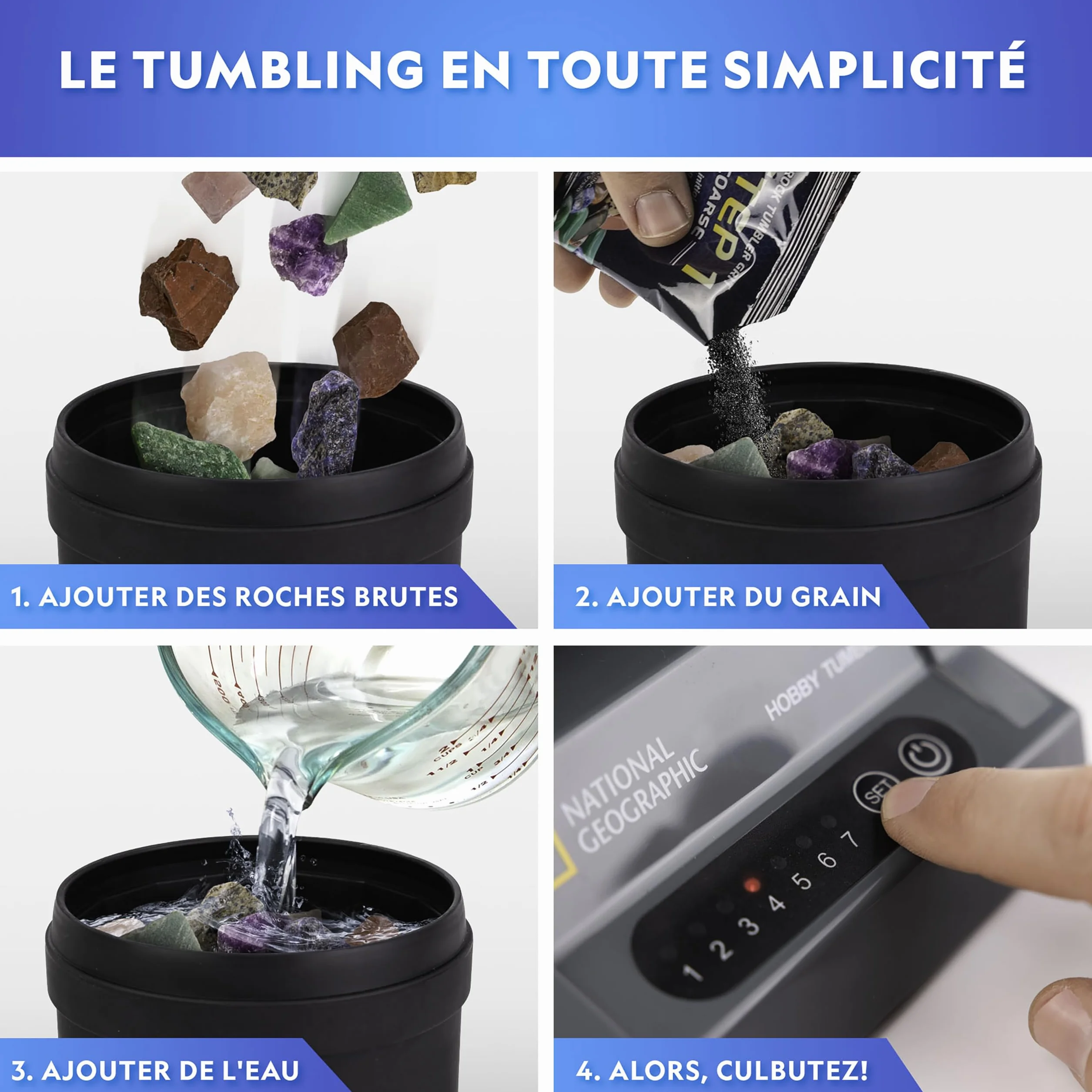 National Geographic Polisseuse de Pierres Recharge 453g Gemmes Minéraux Bruts Améthyste Quartz Kit Polissage Accessoires Bijoux