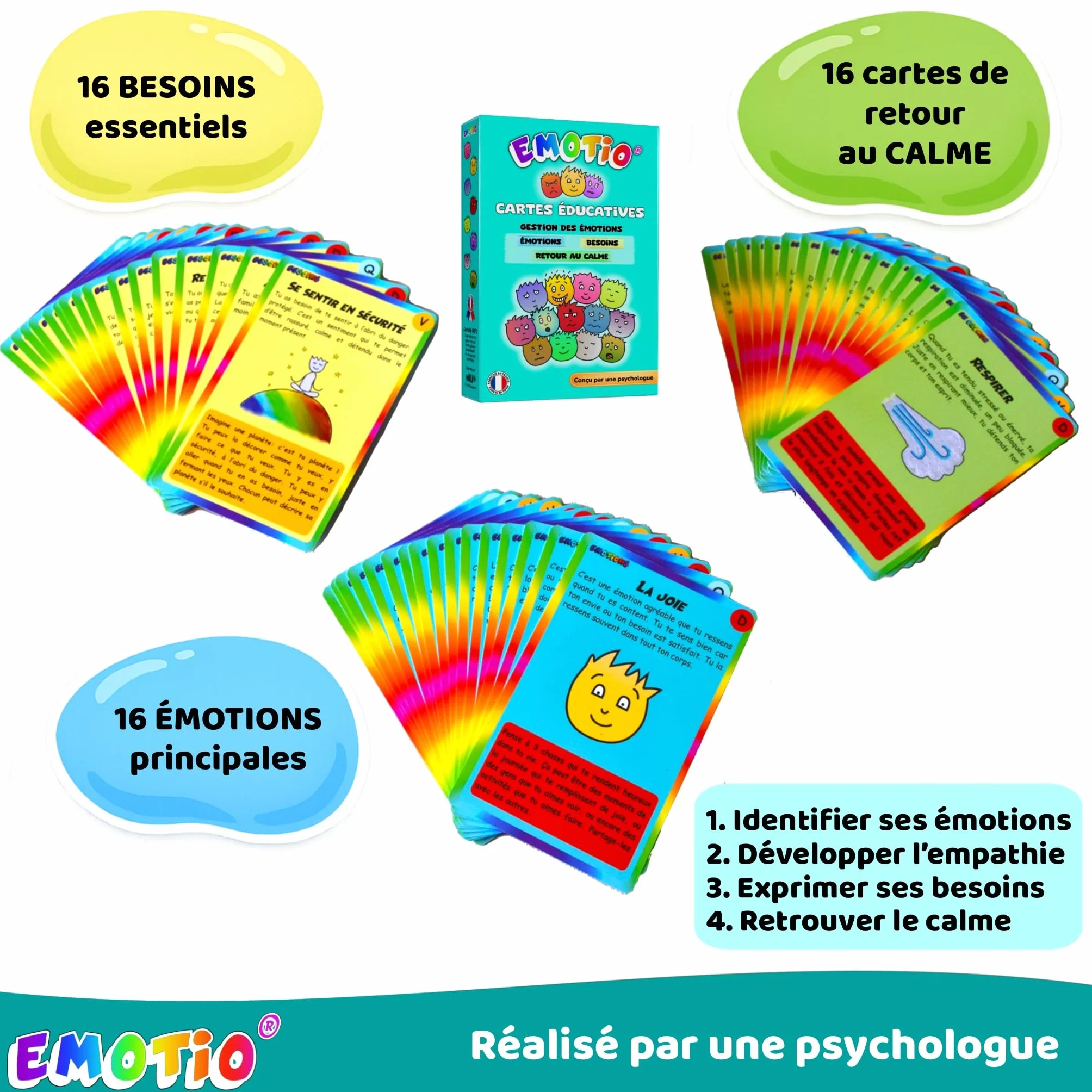 Jeu des émotions 48 cartes pédagogiques avec 3 thèmes fabriqué en France