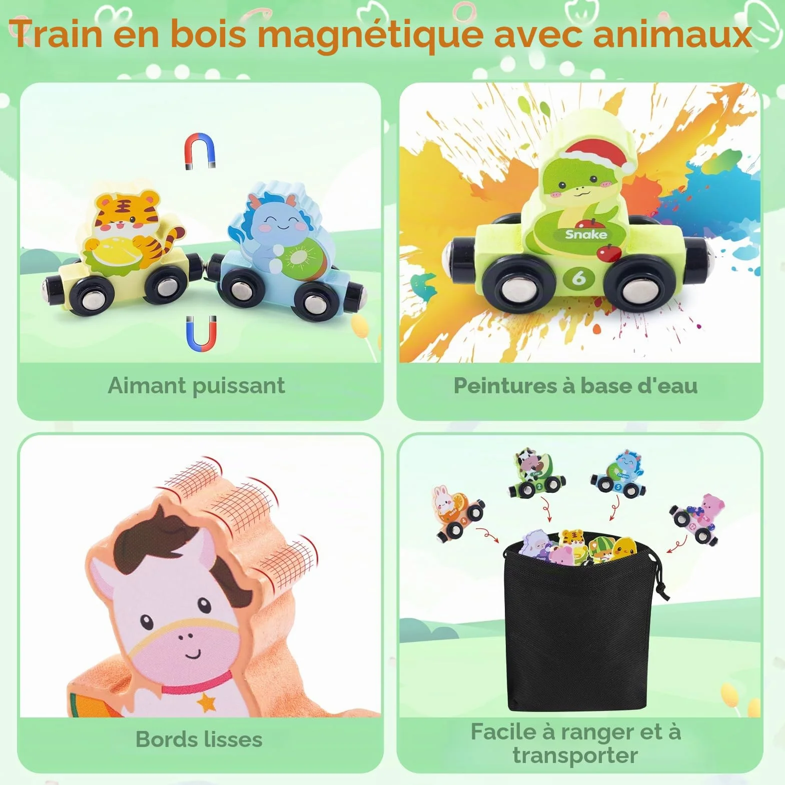Train d'animaux magnétiques en bois Montessori lot de 13 jouet éducatif 1 2 3 ans