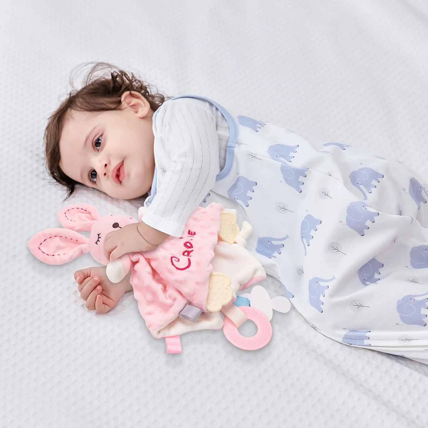 Serviette de Bébé Personnalisée avec Prénom, Couverture de Sécurité Lapin Rose, Cadeau Fille Garçon