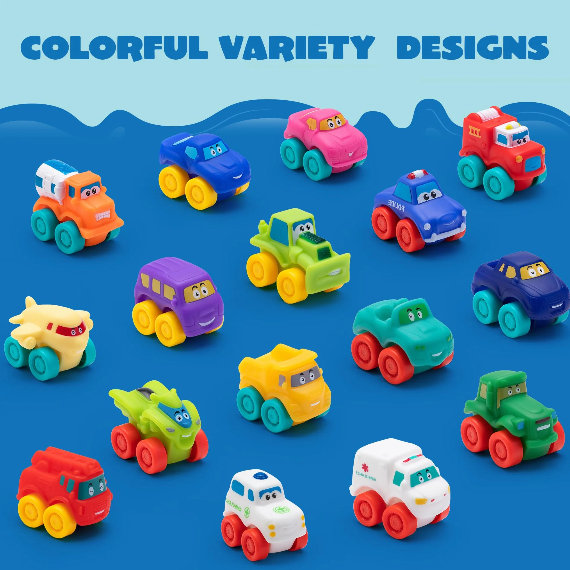 JOYIN 16 pièces Voitures de Dessin animé, Voiture Jouet en Caoutchouc Souple, Mini véhicules Jouets, Voiture Jouet de Bain
