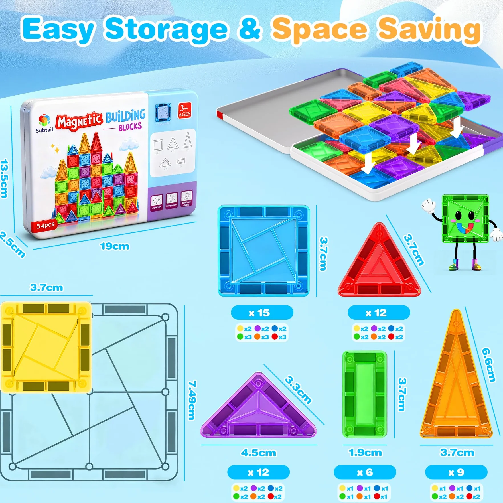 Bloc de Construction Magnetique 54PCS Jouet Cadeau Enfant 3 Ans Blocs Magnetic Tiles Montessori