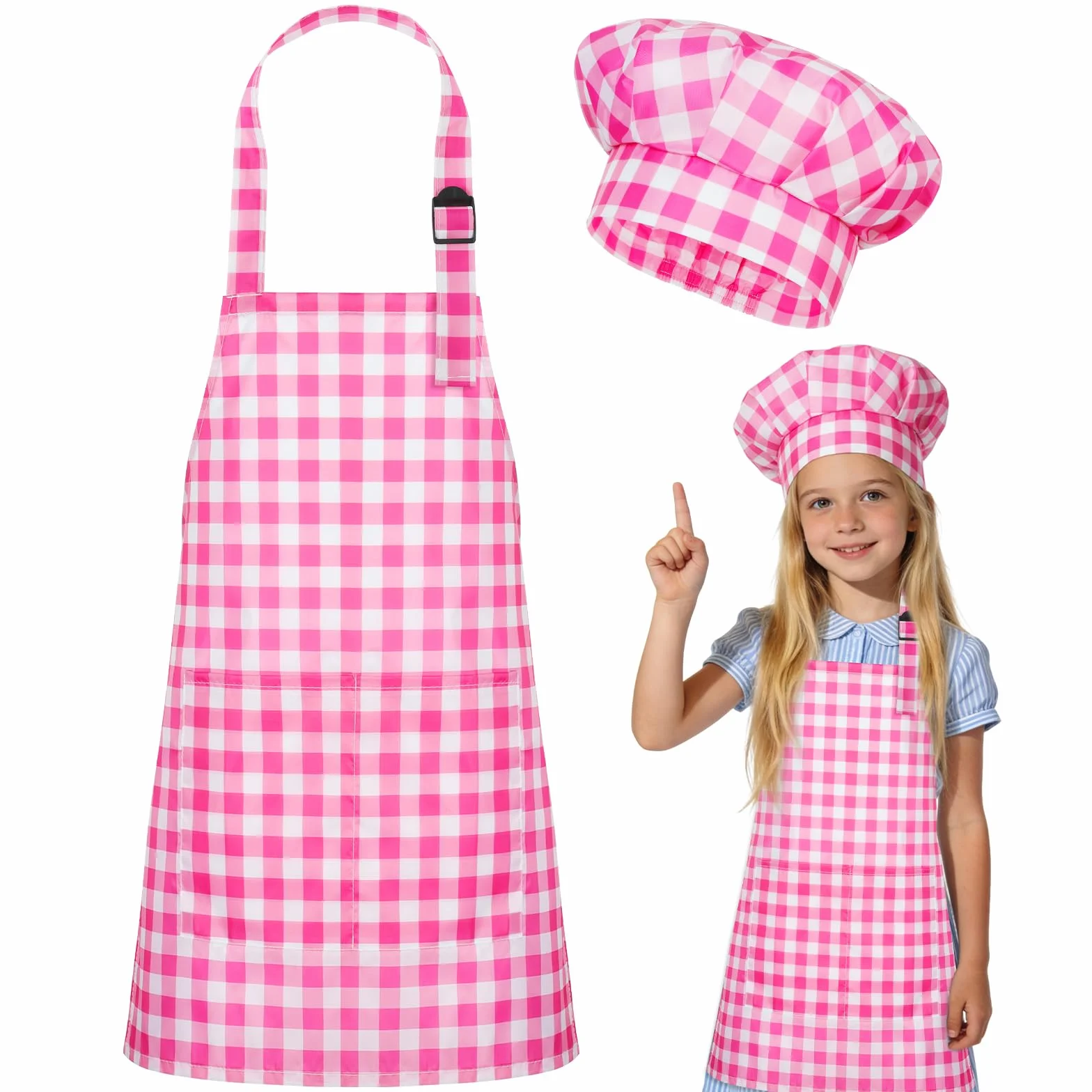 DiULi Ensemble Tablier et Toque de Chef pour Enfants, Tablier de Cuisine Réglable avec 2 Poches