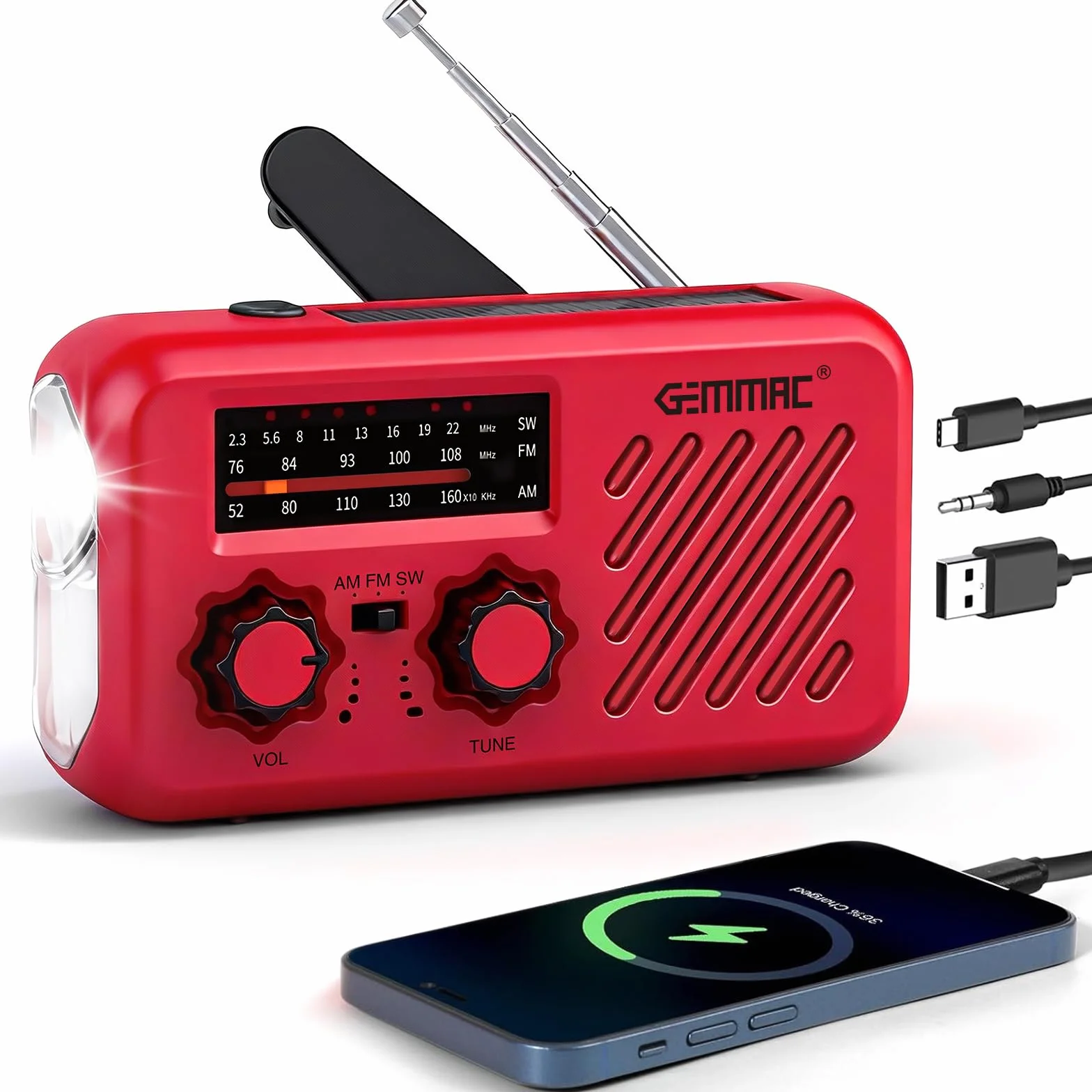 Radio d'urgence Multifonction 3 en 1 Gemmac 2000mAh Powerbank USB Recharge Solaire Dynamo LED Lampe Torche Alarme SOS AM/FM/SW Camping