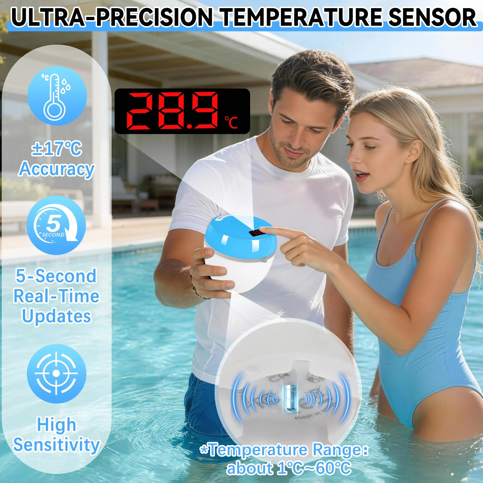 AearKing 3 en 1 Enceinte Bluetooth Piscine Flottante IP68 Étanche avec Thermomètre Numérique et Lumière, TWS Stéréo