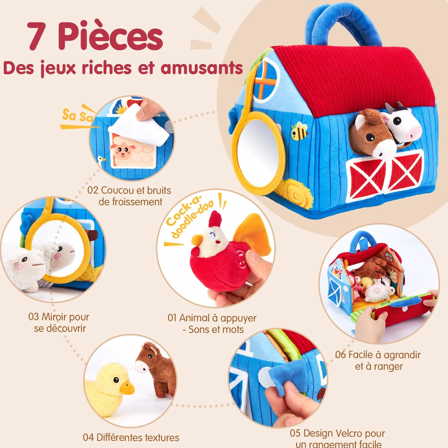 hahaland Jouets pour Bébé 6-12 Mois - Jouet de Ferme Animal en Peluche avec Vrais Sons, Jouets Montessori Sensoriel Cadeau Enfant