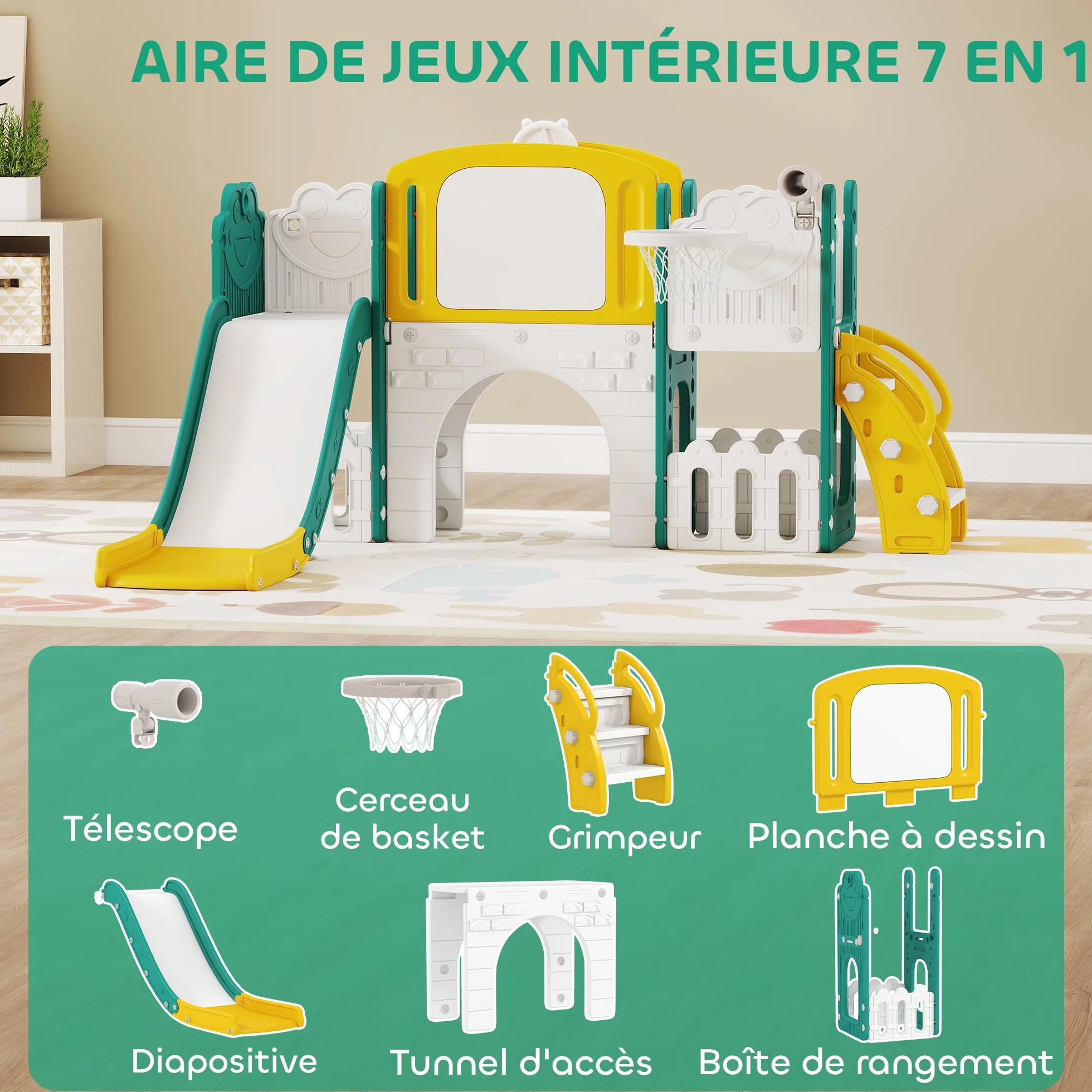 AIYAPLAY Toboggan 7 en 1 pour Enfant avec Panier de Basket, Tunnel, Escalade, Aire de Jeux intérieur et extérieur 1-3 Ans Jaune