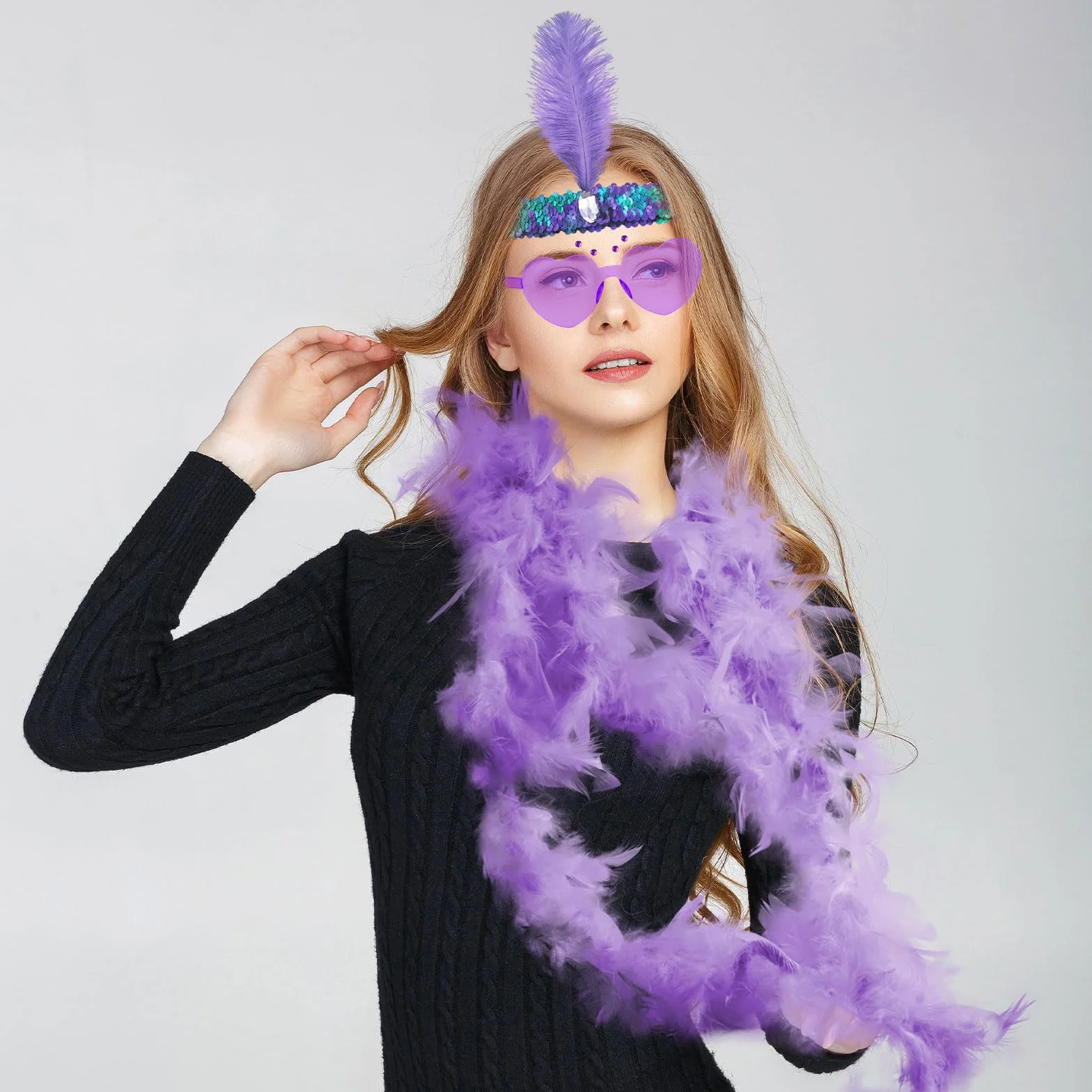 Boa à Plumes en Forme de Cœur, Lunettes de Soleil Sans Monture Strass, Bandeau Cheveux pour Halloween Noël Cosplay