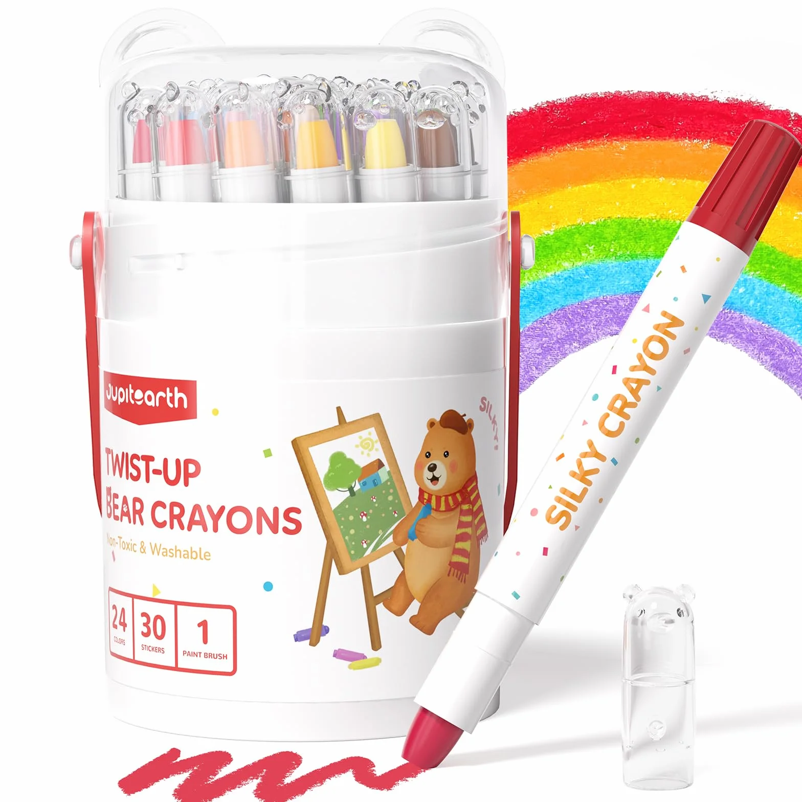JUPITEARTH Lot de 24 crayons de couleur torsadés lavables non toxiques pour tout-petits 1-8 ans fournitures artistiques