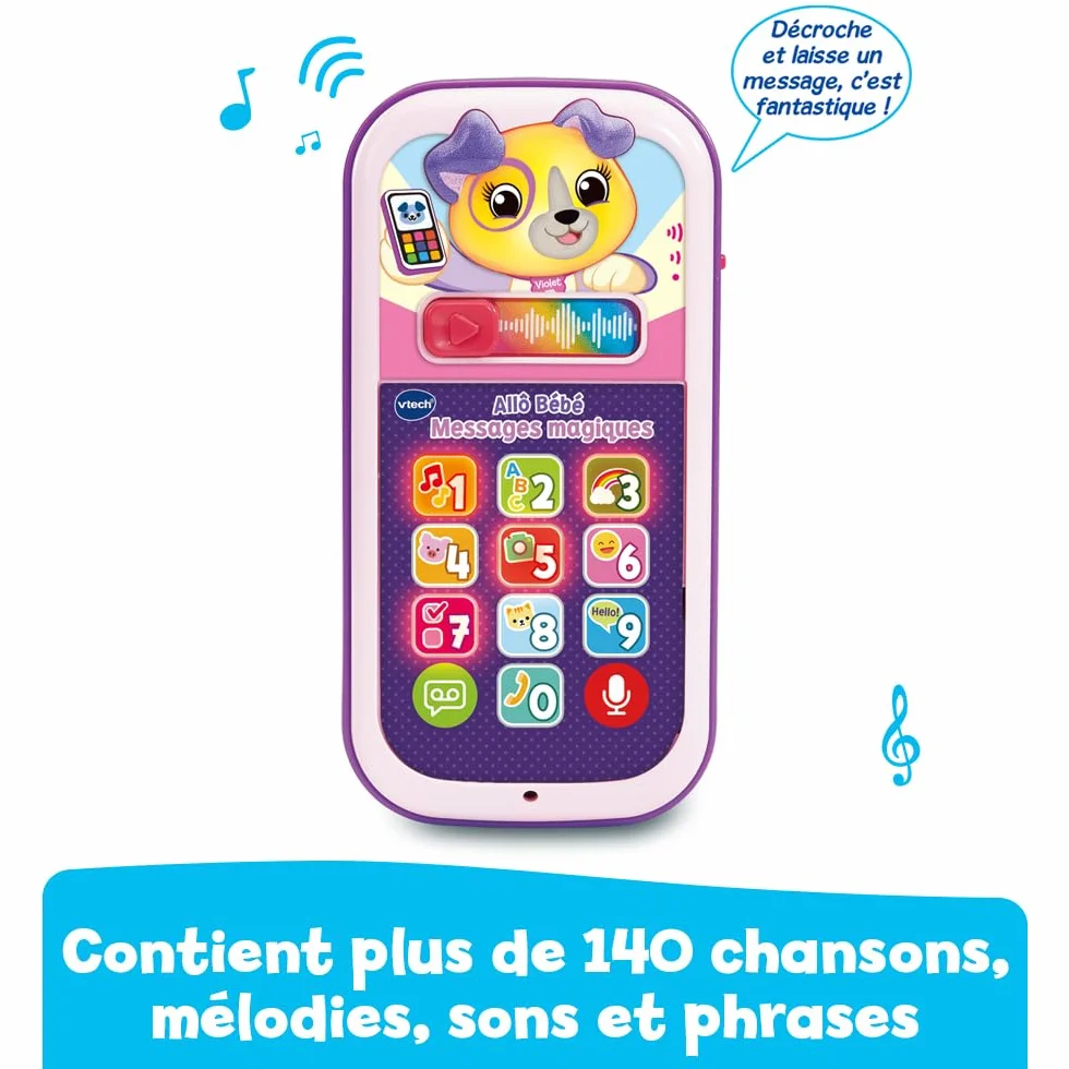 VTech Allô Bébé Messages Magiques Rose Premier Téléphone Interactif Parlant Musical Enregistreur Vocal Changeur de Voix Effets Lumineux Cadeau Bébé 9 Mois Français