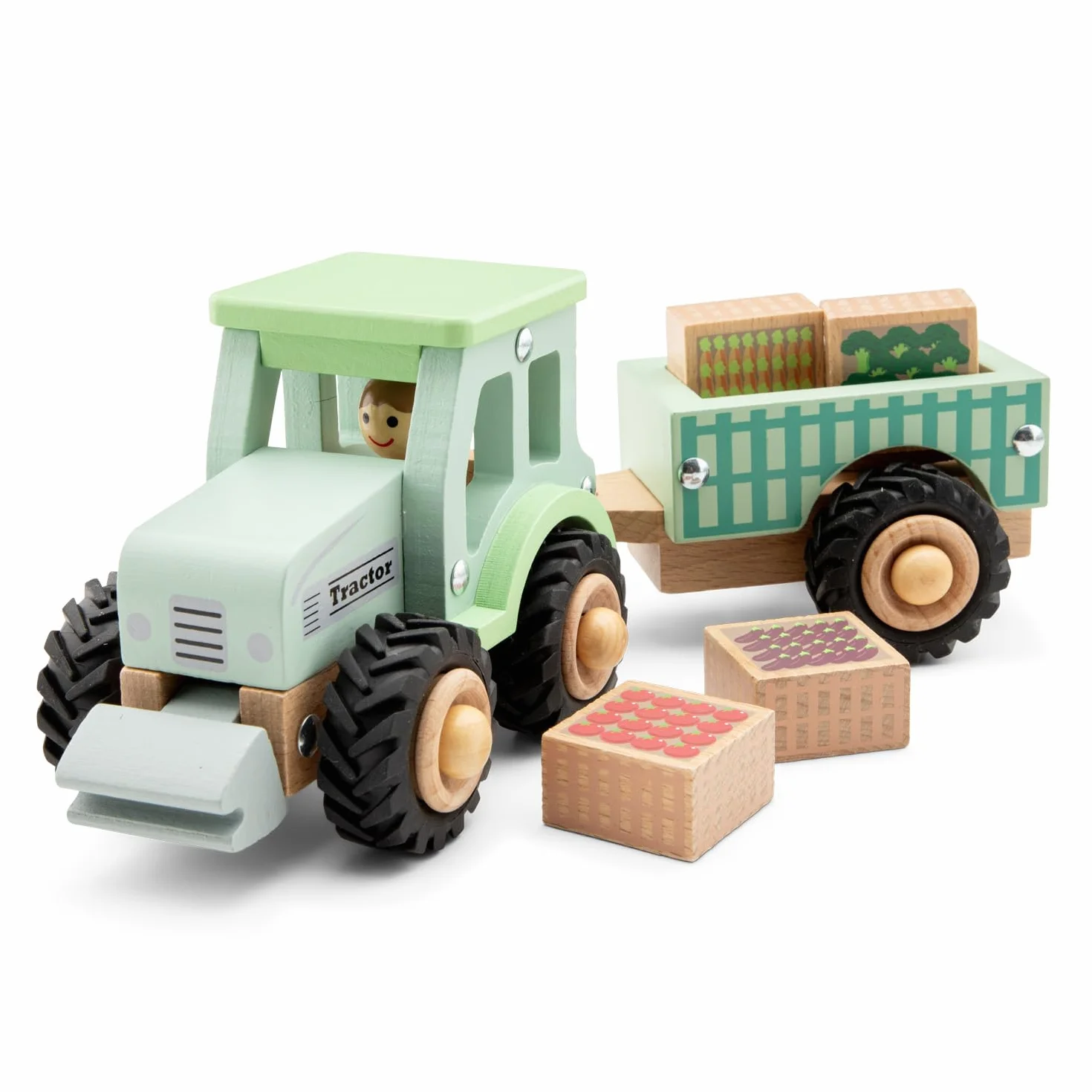 Jouet Tracteur en Bois avec Remorque Détachable pour Tout-Petits – Véhicule de Ferme avec Légumes Jouets – Cadeau Enfants