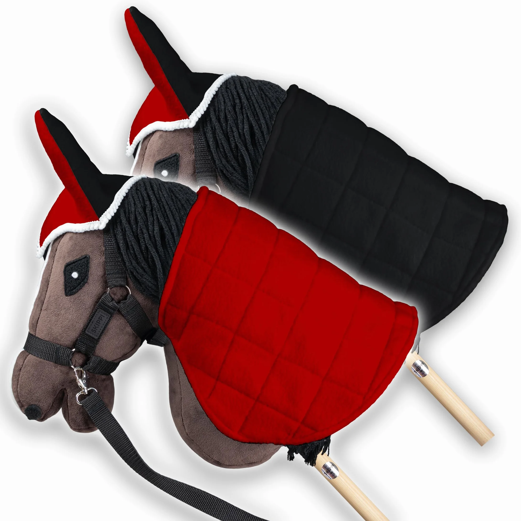 SKIPPI Couverture Réversible et Bonnet Anti Mouches pour Hobby Horse - Rouge et Noir, Accessoire Tête de Cheval
