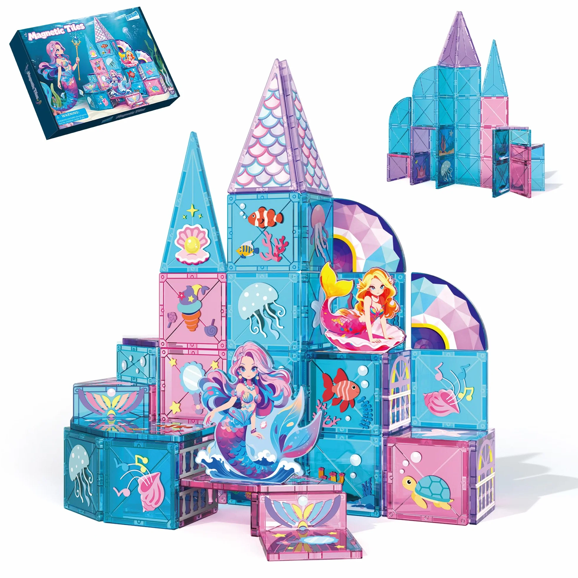 Ensemble de construction de carreaux magnétiques sirène 51 pièces, blocs magnétiques éducatifs STEM pour enfants 3-7 ans