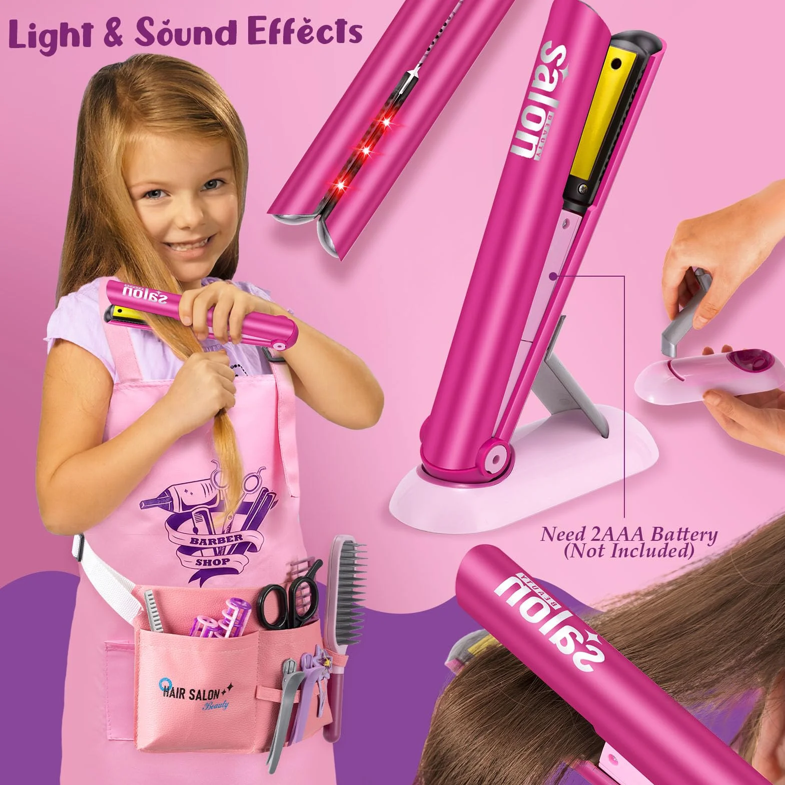 Kit Coiffure Enfant Fille Jouet avec Sèche-Cheveux Lisseur Miroir Peigne Ciseaux Tablier Coiffeur Malette Accessoires Coiffure Salon Beauté Jeu Rôle Cadeau 3-7 Ans