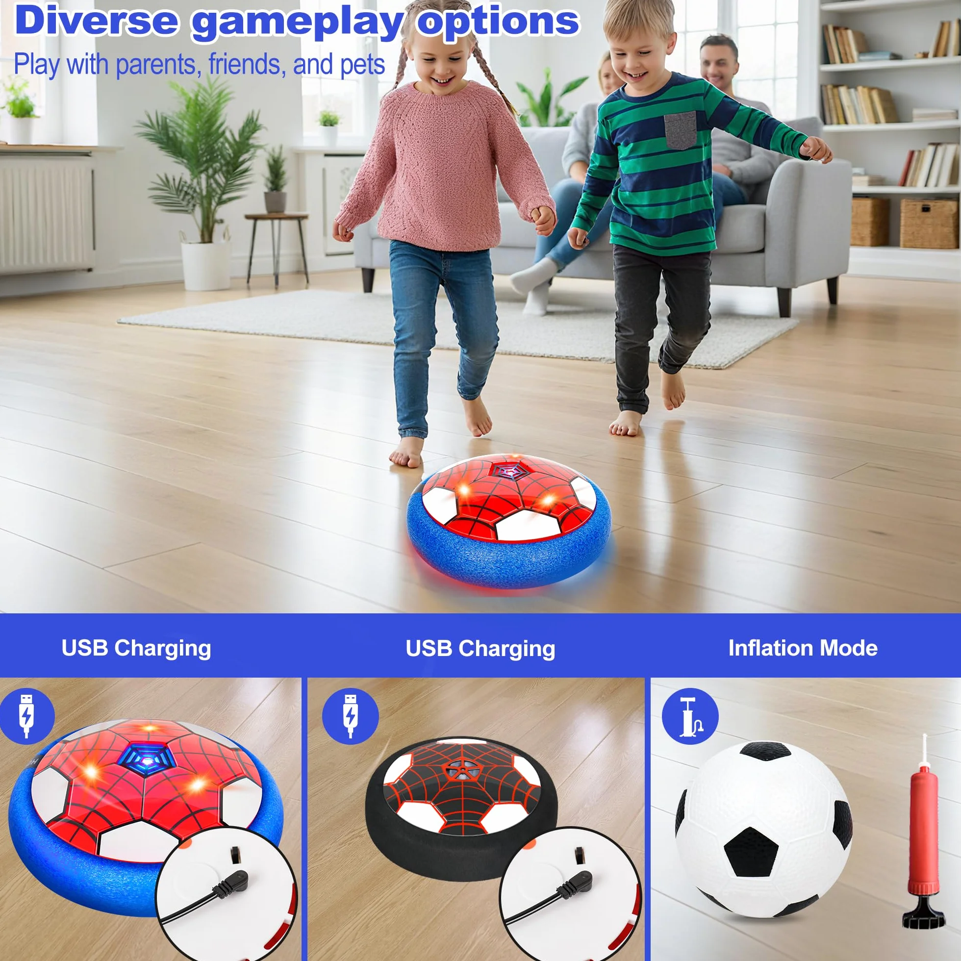 Spider Air Power Football, Jouet Enfant Ballon de Foot Rechargeable LED Lumière, 3in1 Ensemble pour 3-12 Ans Sport Intérieur Extérieur