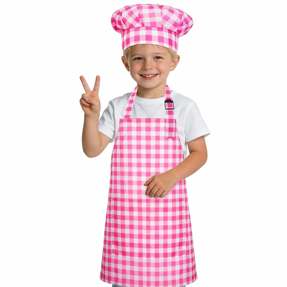 DiULi Ensemble Tablier et Toque de Chef pour Enfants, Tablier de Cuisine Réglable avec 2 Poches