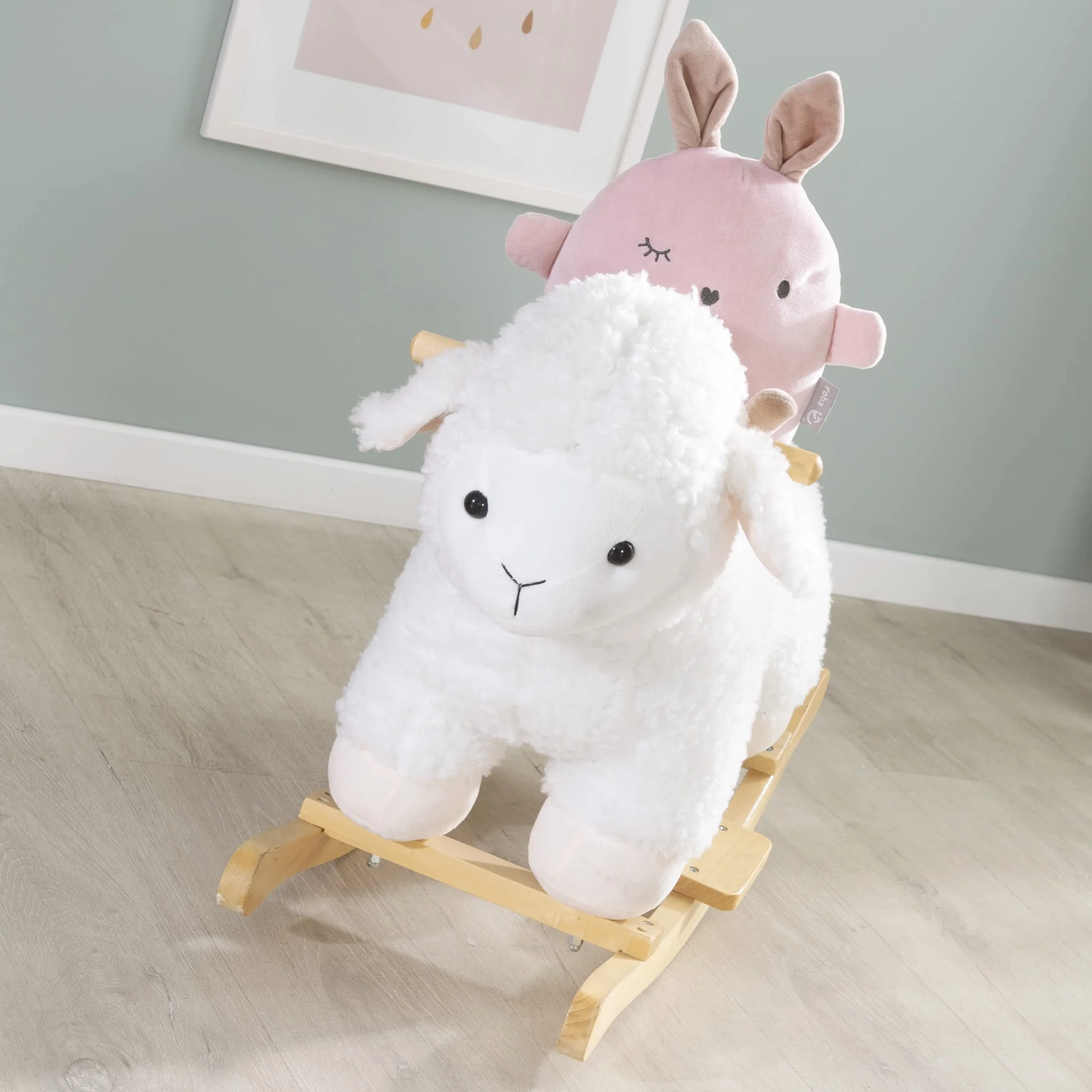 Agneau à Bascule en Bois et Peluche Douce avec Poignées - Aide à Maîtriser l'Équilibre - pour Enfants de 18 Mois à 6 Ans - Supporte 30 kg - Blanc