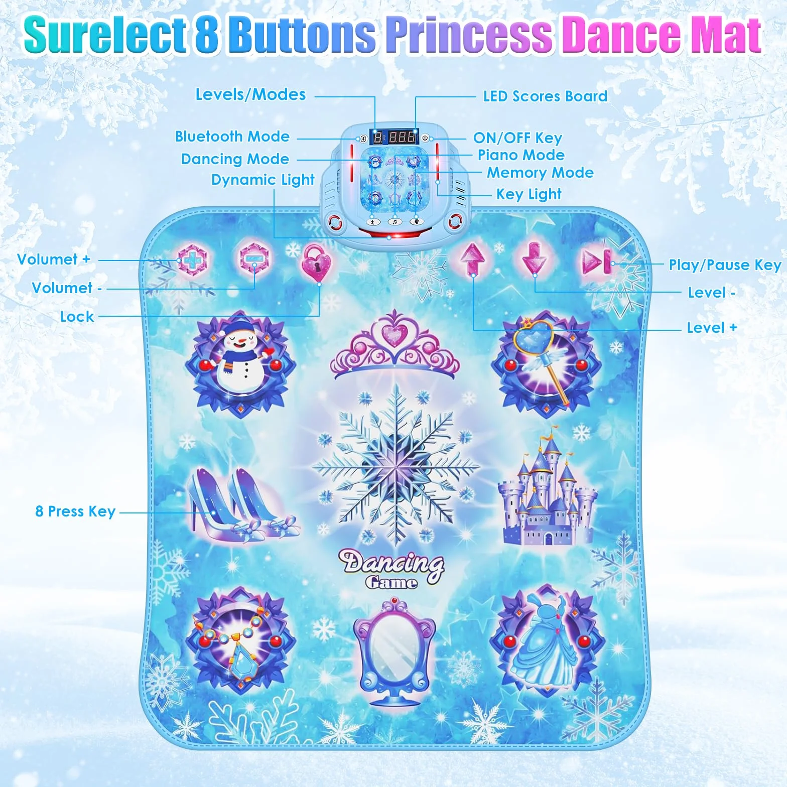 GuKKK Tapis de Danse pour Enfants 8 Touches Bluetooth Musical Interactif Cadeau Noël Filles 3-8+ Ans Bleu