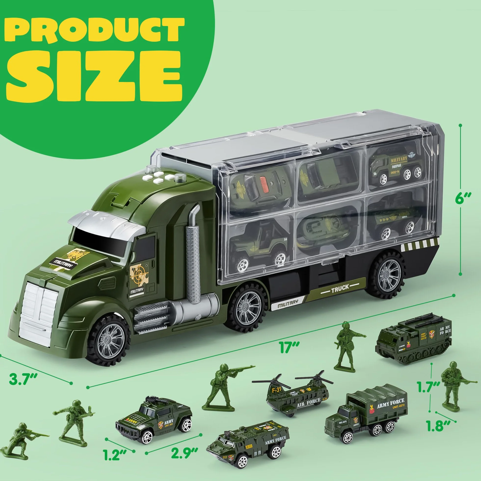 JOYIN 25 en 1 Camion Militaire Moulage sous Pression Véhicule de l'armée avec lumières et Sons, Cadeau pour garçons 3+ (Vert)