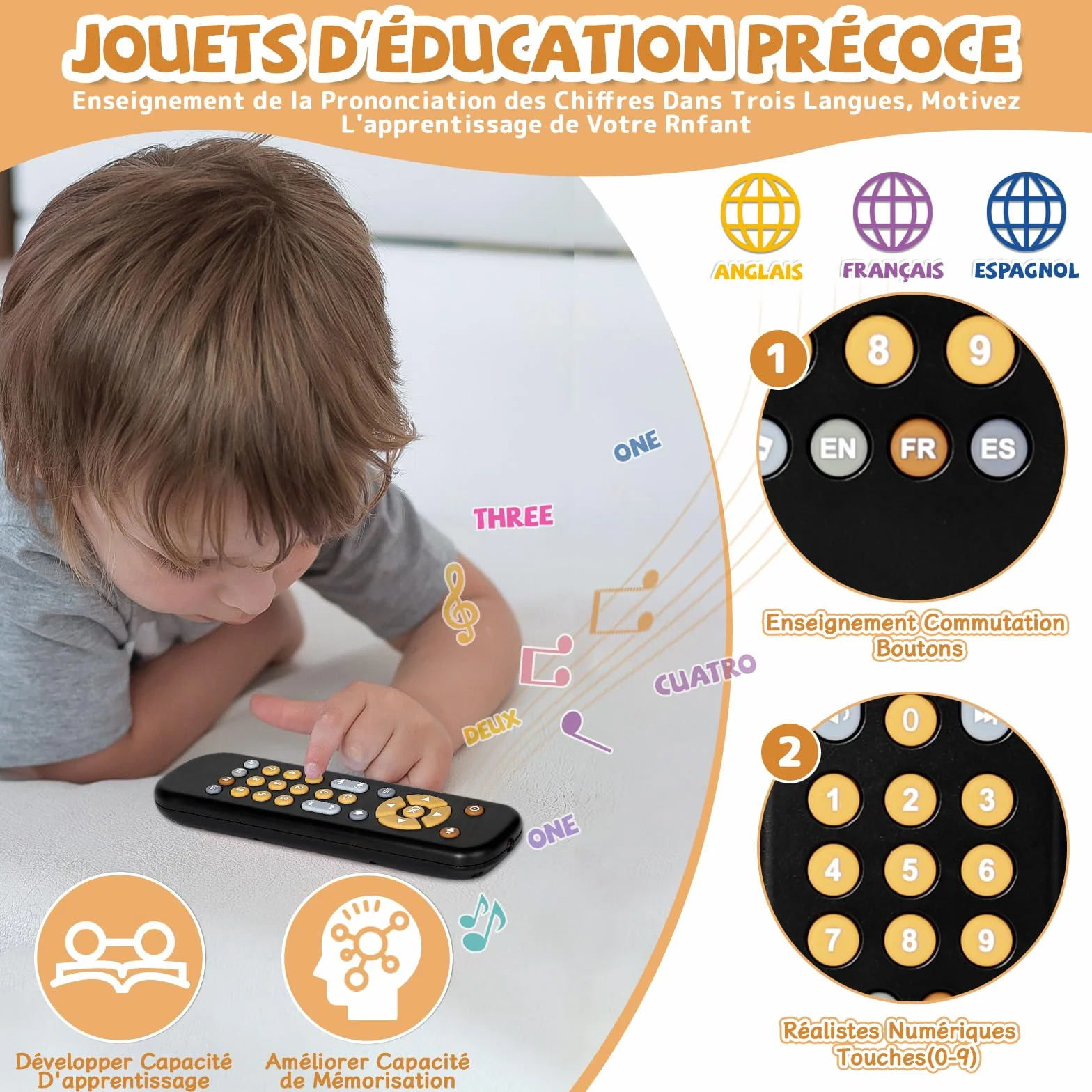 Orzbow Jouet Télécommande TV Bébé, Jouets Musicaux à Volume Réglable, Sensoriel Boutons Multiformes, Cadeau 1 2 Ans