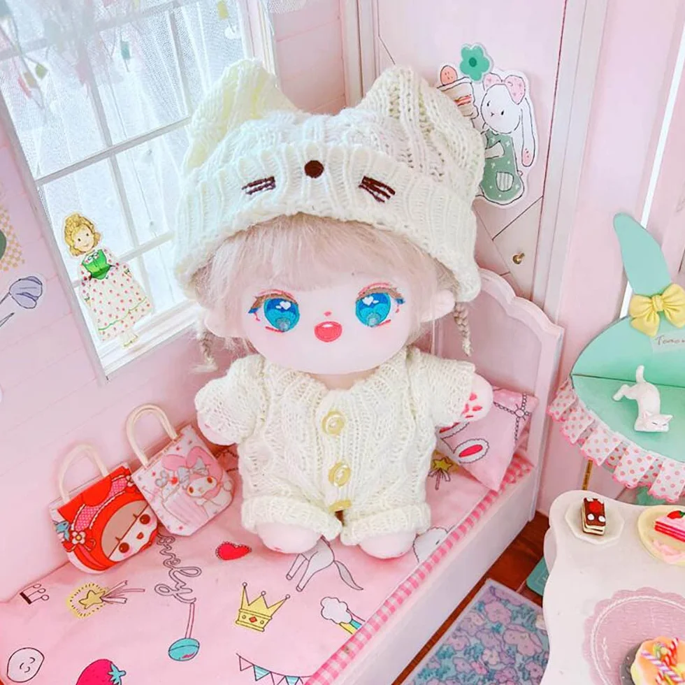 niannyyhouse Vêtements de poupée en peluche 20 cm, chapeau chat, grenouillères laine, accessoires