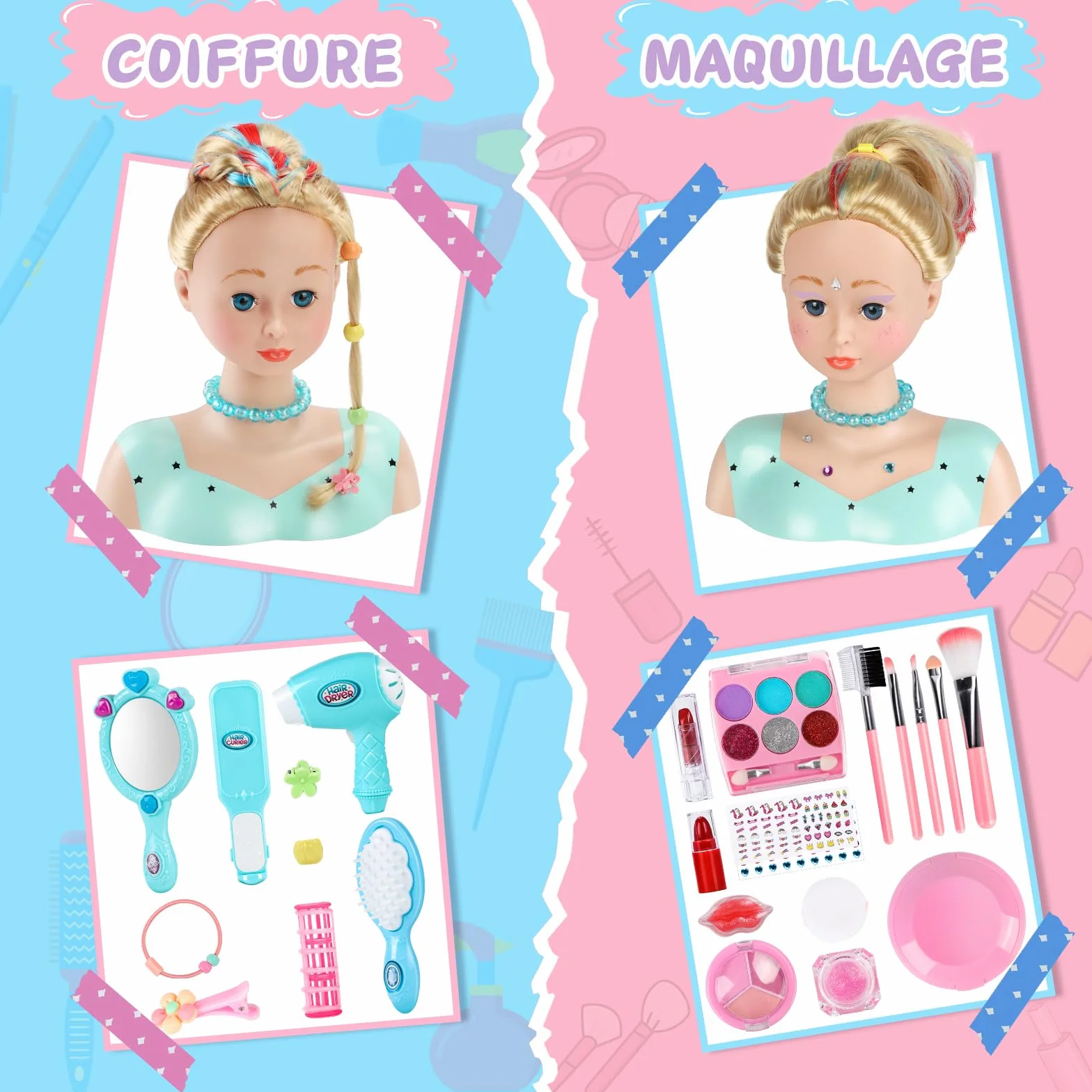 BuzzoXerex Têtes à Coiffer Enfant 58 Pièces Jouet de Maquillage et Coiffure Cadeau Anniversaire Noël 3 Ans Bleu