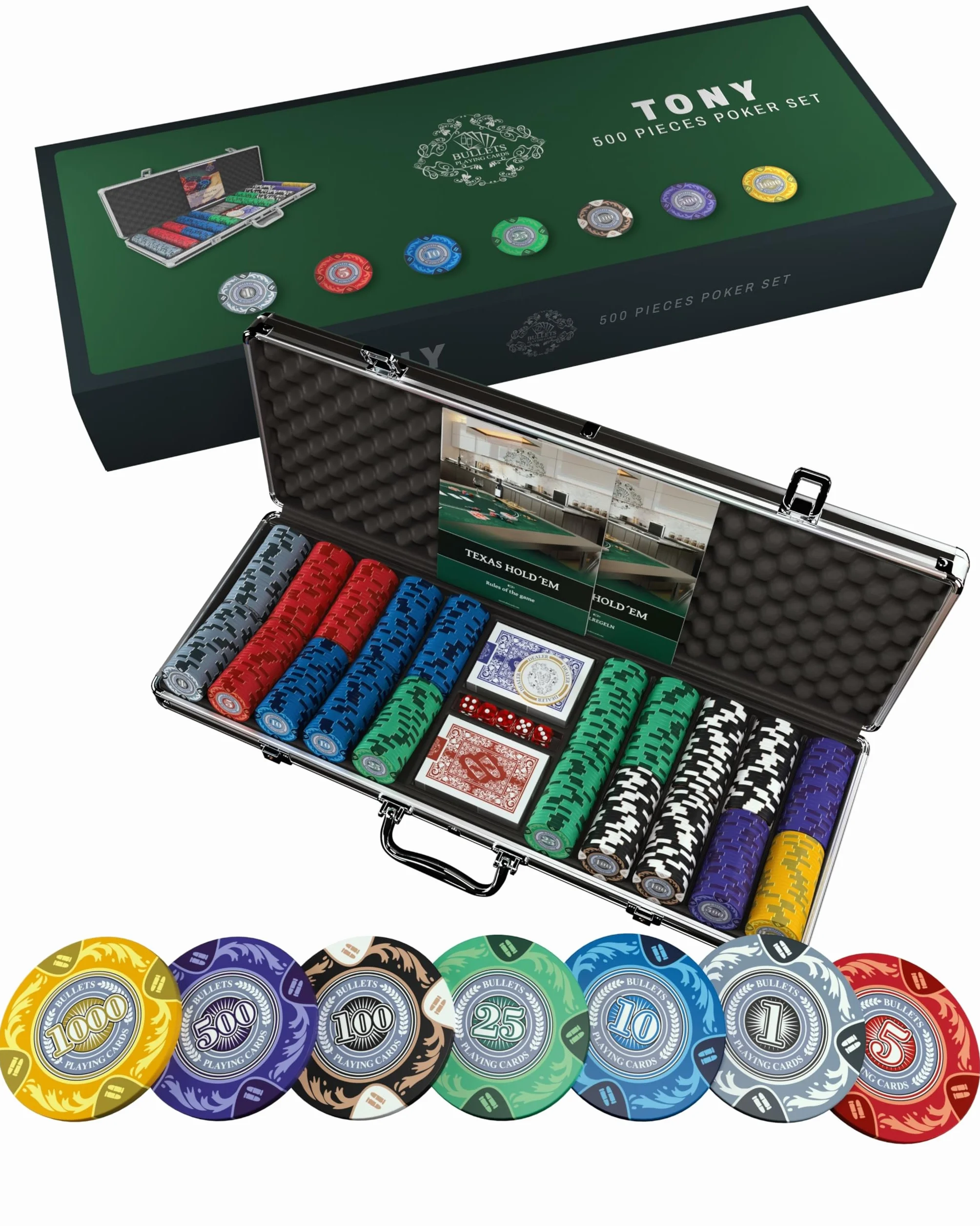 Bullets Playing Cards | Mallette de Poker 500 Jetons Clay 14g – Coffret Complet avec Cartes, dés et Bouton Dealer en céramique – Design Tony