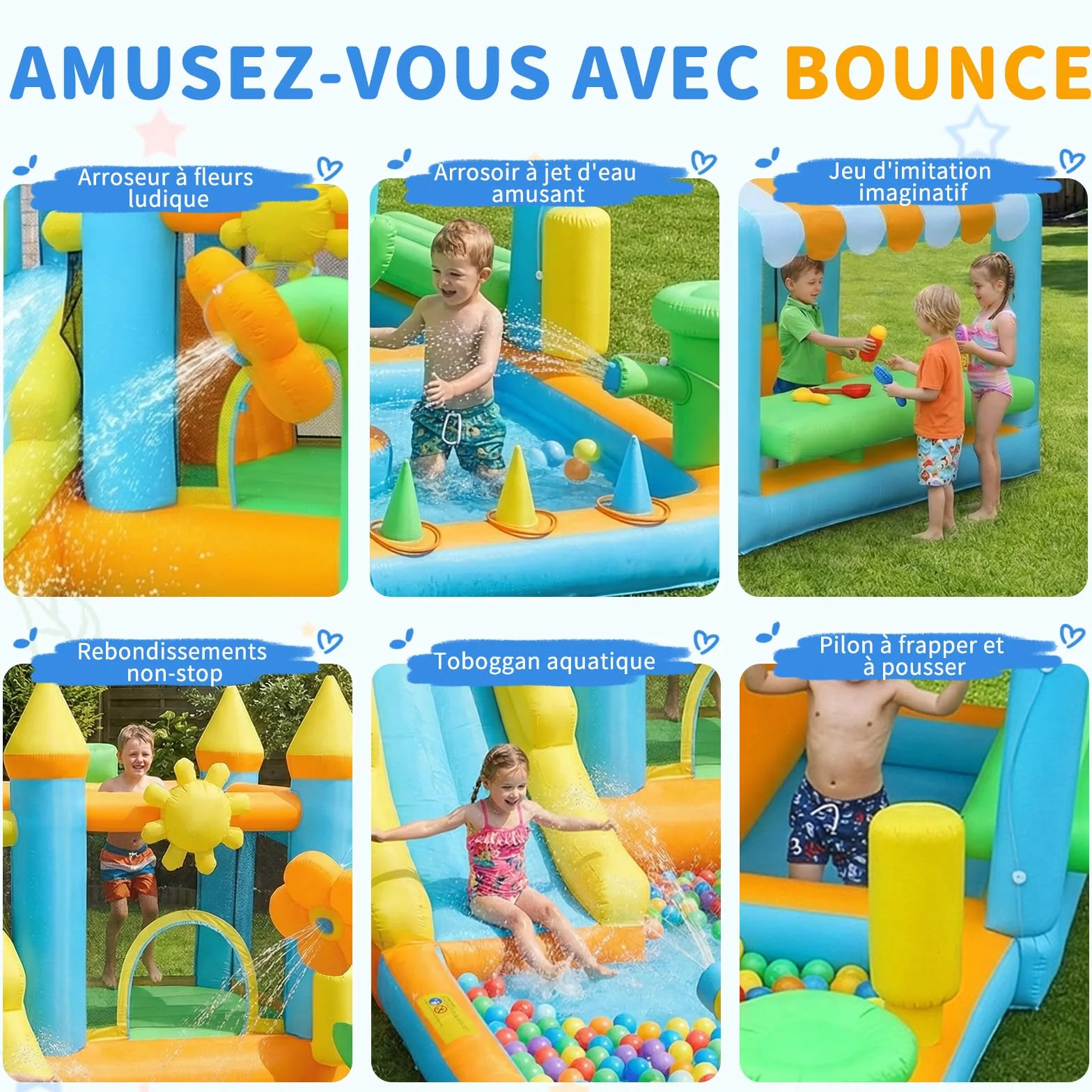 LEADZM Château Gonflable Jardin avec Souffleur, Cabane de Vente, Fleur Gonflable, Pulvérisateur d'eau, Arrosoir, 490 x 385 x 210 cm