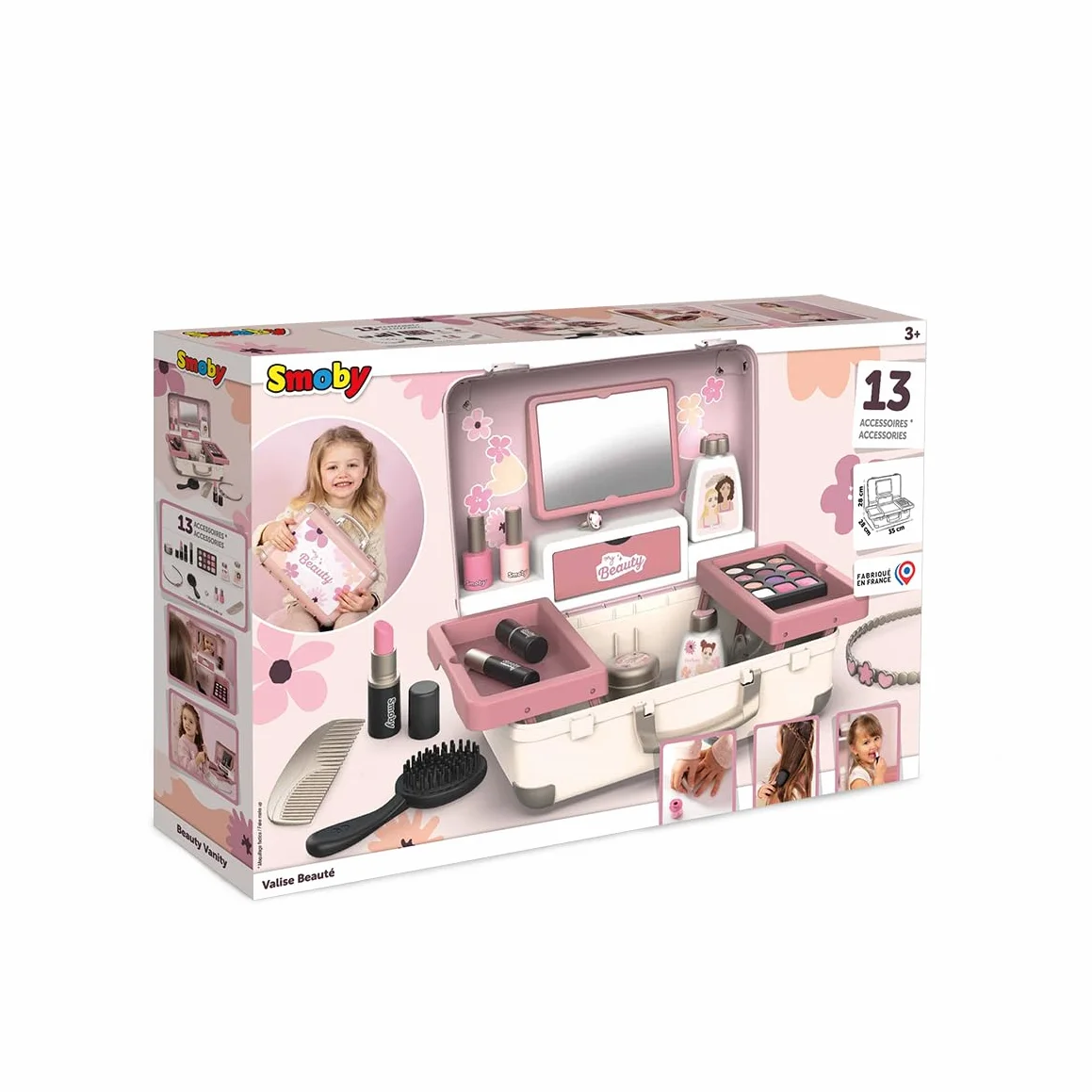 Smoby My Beauty Vanity Coiffure Onglerie Maquillage Factice 13 Accessoires Facile à Transporter