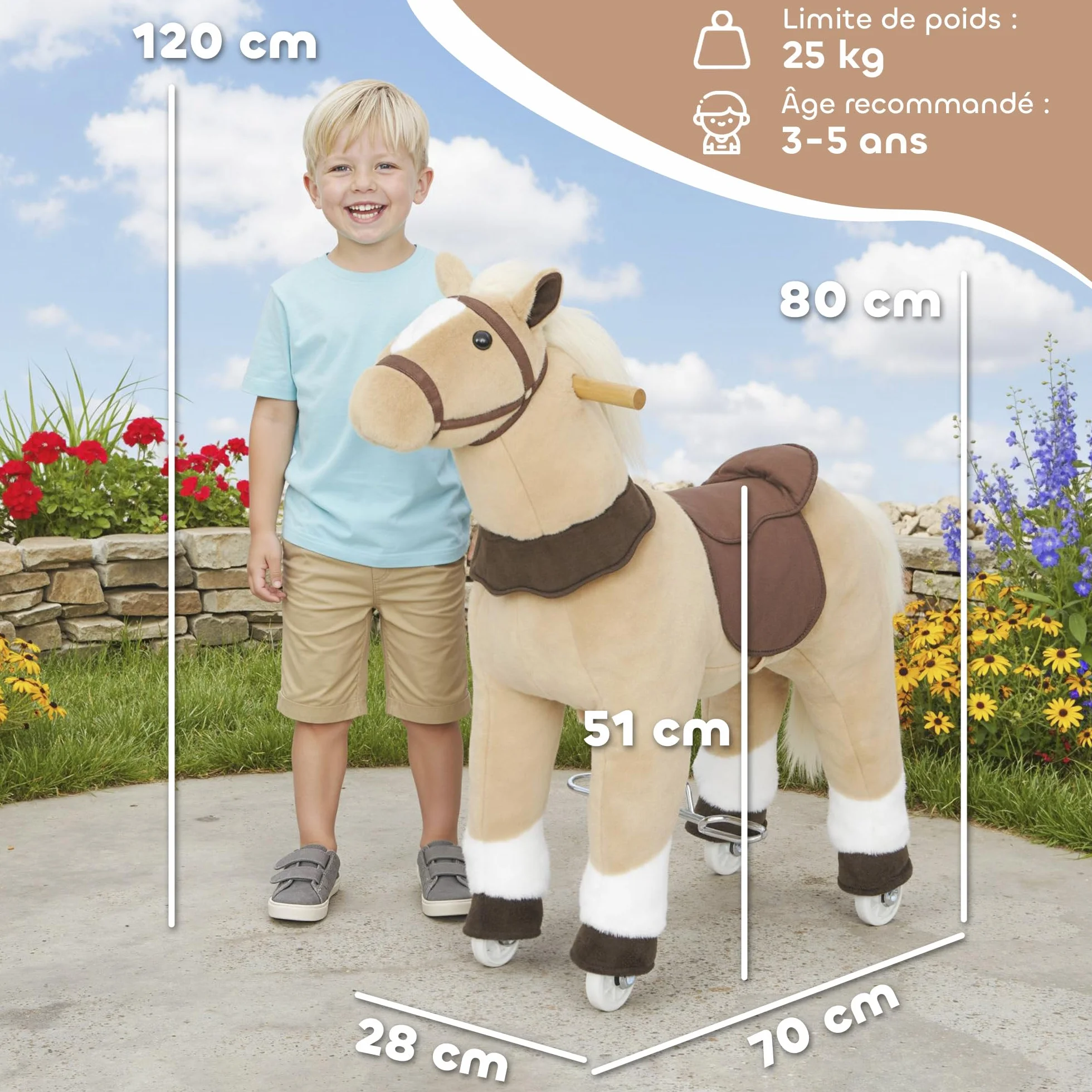 AIYAPLAY Cheval à Bascule en Peluche sur roulettes, avec Selle et Harnais, pour Enfant 3-5 Ans, Charge Max 25 kg, Marron