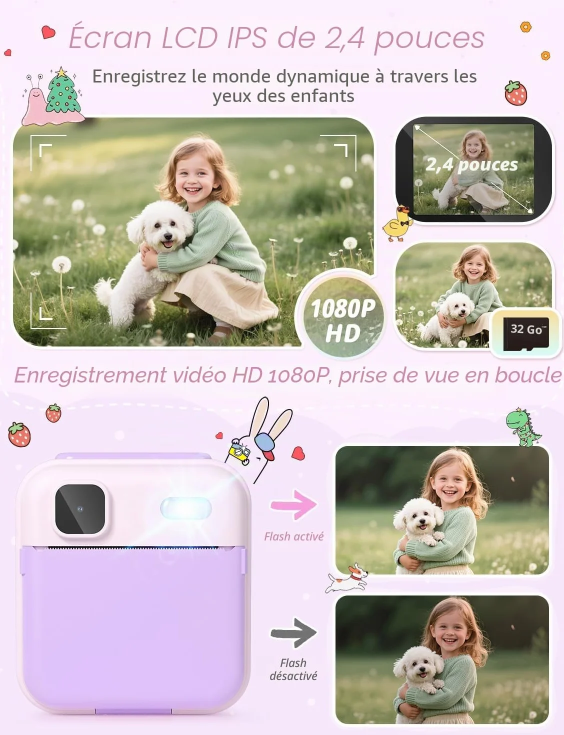 YOHOOLYO Appareil Photo Instantané Enfant 2,4" 1080P Vidéo Selfie avec Carte 32 Go et Papier d'impression Violet