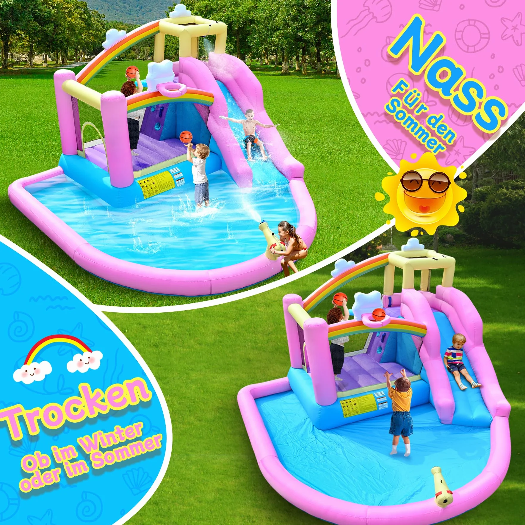 Aire de jeux gonflable avec toboggan aquatique 365x390x238cm pour extérieur