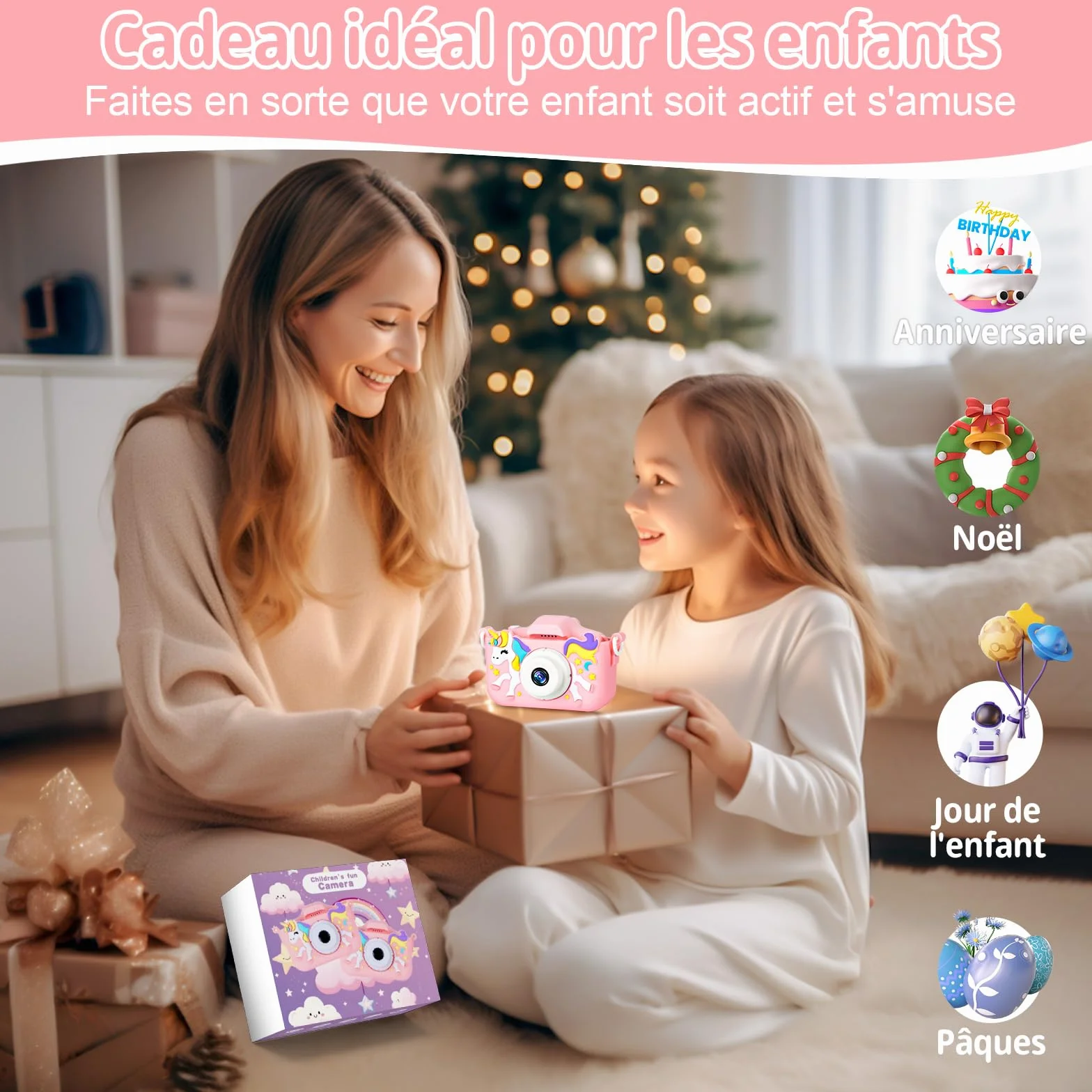 Appareil Photo Numérique Enfant 2,0" 1080p 32 Go Carte SD Selfie Rechargeable Caméscope Jouet Licorne