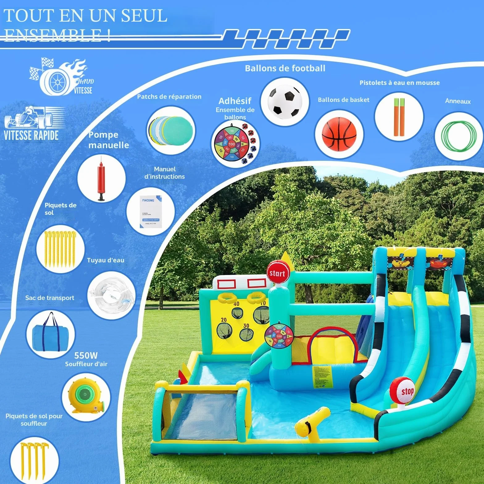 Château Gonflable XXL avec Toboggan pour Enfants Extérieur, Aire de Jeux avec Trampoline, Murs d'escalade, Piscine, 470×400×220cm, 225kg