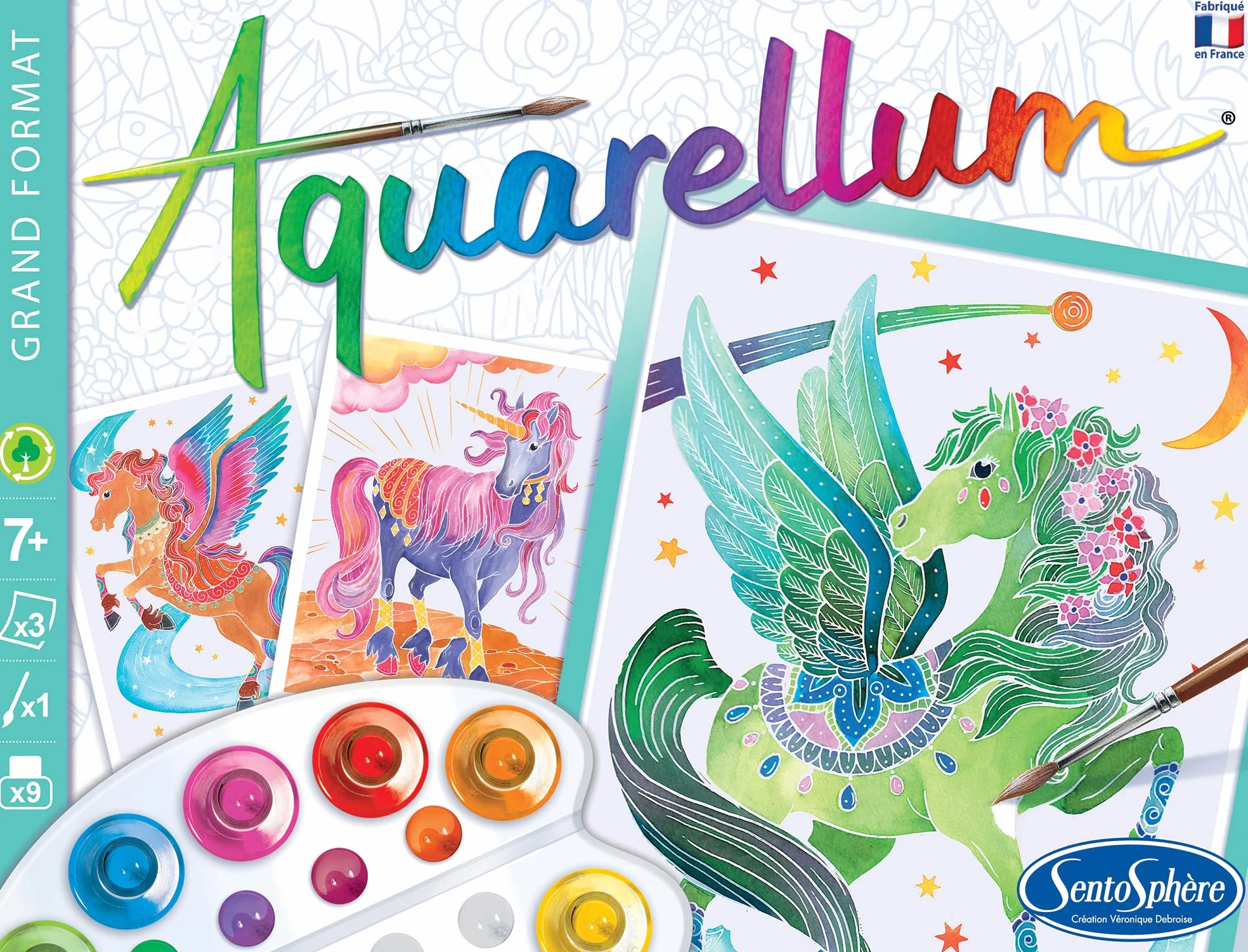 SentoSphère Aquarellum grand format LICORNES ET PEGASES kit peinture aquarellable 3 tableaux 32,5 x 25 cm 9 peintures 7 à 99 ans Fabriqué en France