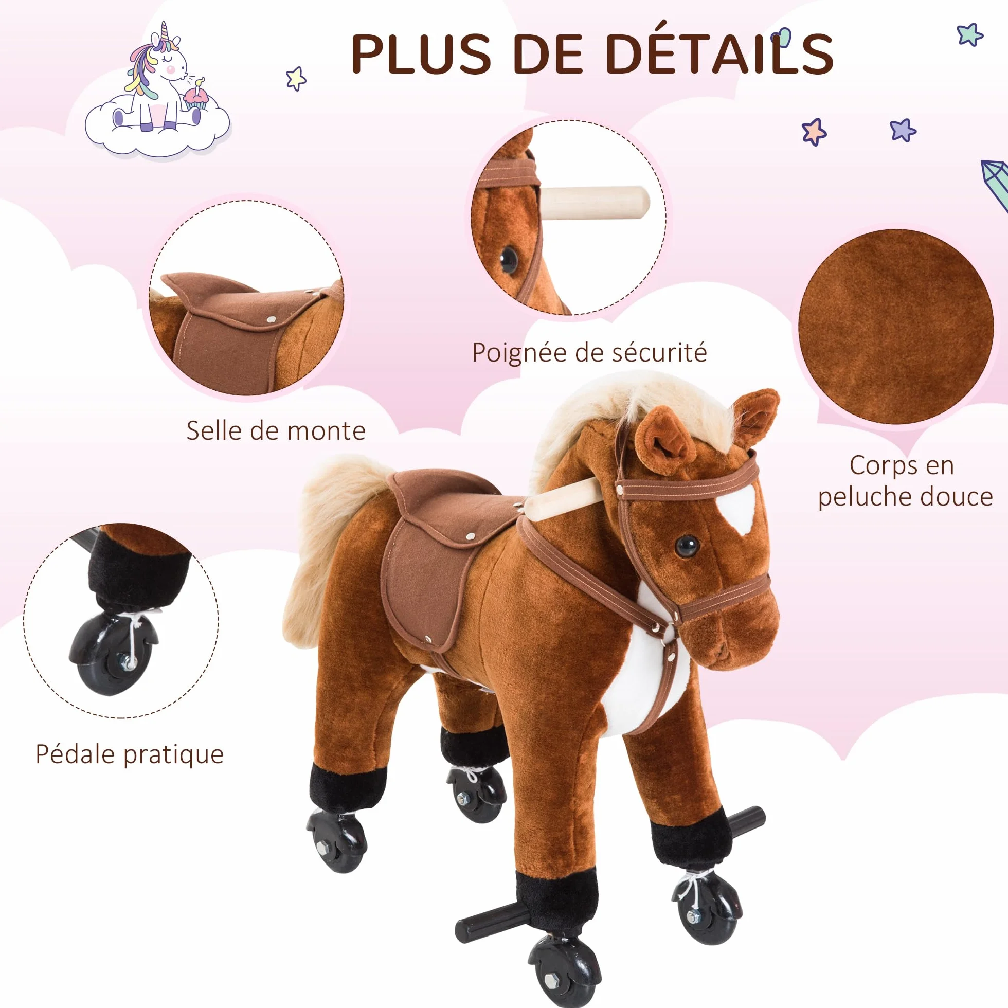 HOMCOM Cheval en Peluche pour Enfant +24 Mois avec Effet Sonore, Repose-Pieds, Guidon, Charge 60 kg, 55x23x60 cm, Marron