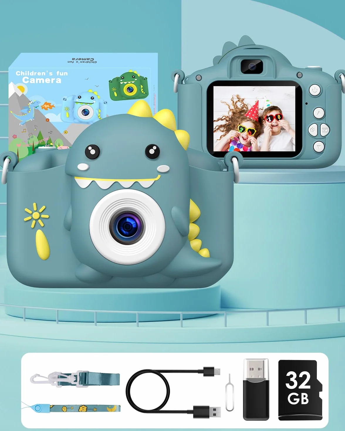 Appareil Photo Numérique pour Enfants 2.0 Pouces HD 1080P 32G Rechargeable Caméscope Selfie Cadeau Jouet Garçons 3-12 Ans