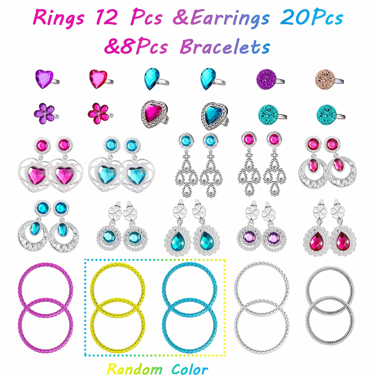 WATINC 46Pcs Princesse Dress Up Accessoires Set Filles Habiller Déguisement Bijoux Diadème Collier Bracelet Baguette Magique Tiara Couronne Bague Boucles d'oreilles Cosplay