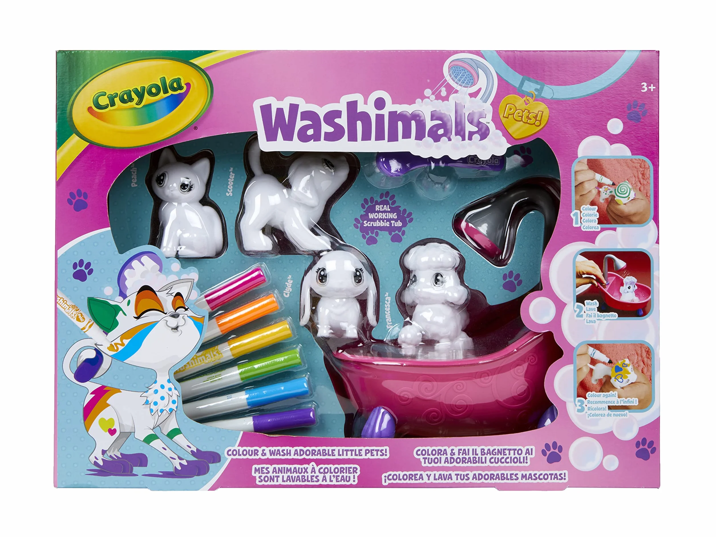 Crayola Washimals Kit Créatif de Coloriage Feutres Couleurs Chiots Baignoire Douche Rose 3 Ans